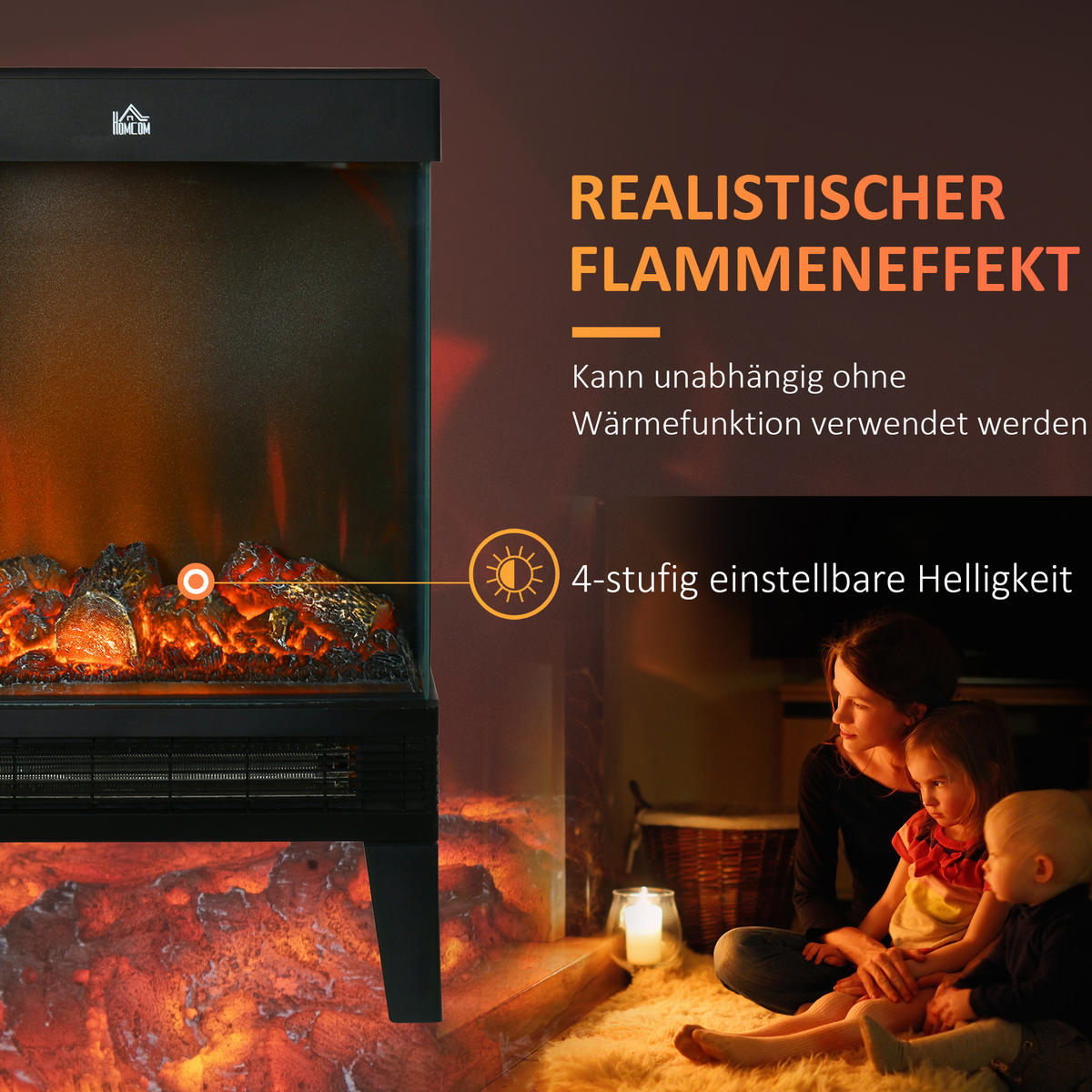 ELEKTROKAMIN 1000 W/2000 W Standkamin LED 3D-Flammeneffekt 4 Helligkeitsstufen - Schwarz, Metall (20/62/40.5cm) - HOMCOM