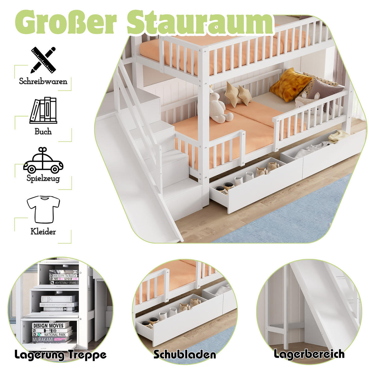 ETAGENBETT 90/200 cm in Weiß mit Rutsche, Treppe und 2 Schubladen - Weiß, Holz (90/200cm) - BEAOK