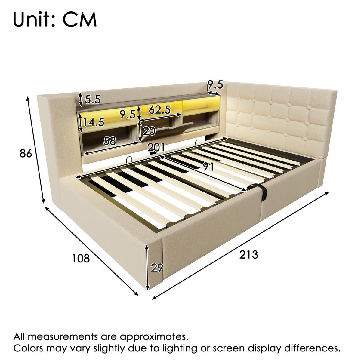 BETT mit Stauraum und LED 90x200 cm Leinen Beige - Beige, Metall (90/200cm) - Meubliv