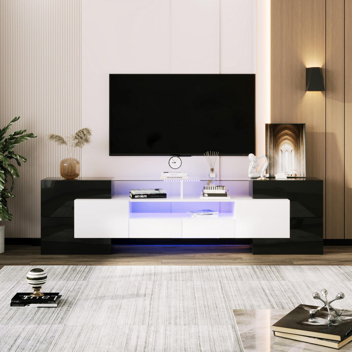 TV-LOWBOARD aus Spanplatte und MDF 200x35x60 cm Schwarz-Weiß mit LED-Beleuchtung und Stauraum - Schwarz, Holzwerkstoff (200/60/35cm) - IVMEU