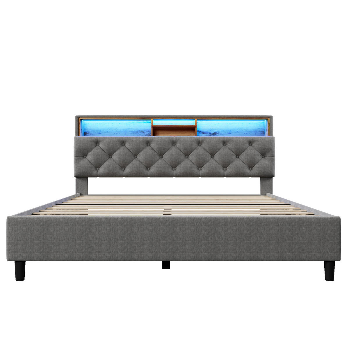 POLSTERBETT 140/200 cm Grau mit Stauraum-Kopfteil und LED-Beleuchtung Ohne Matratze - Grau, Holz (140/200cm) - OKWISH