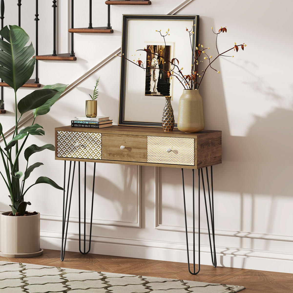 KONSOLENTISCH DE-16776 3 Schubladen, Haarspangenbeine, 90 cm Braun - Braun, Holzwerkstoff (90/30/75cm) - ComfortXL