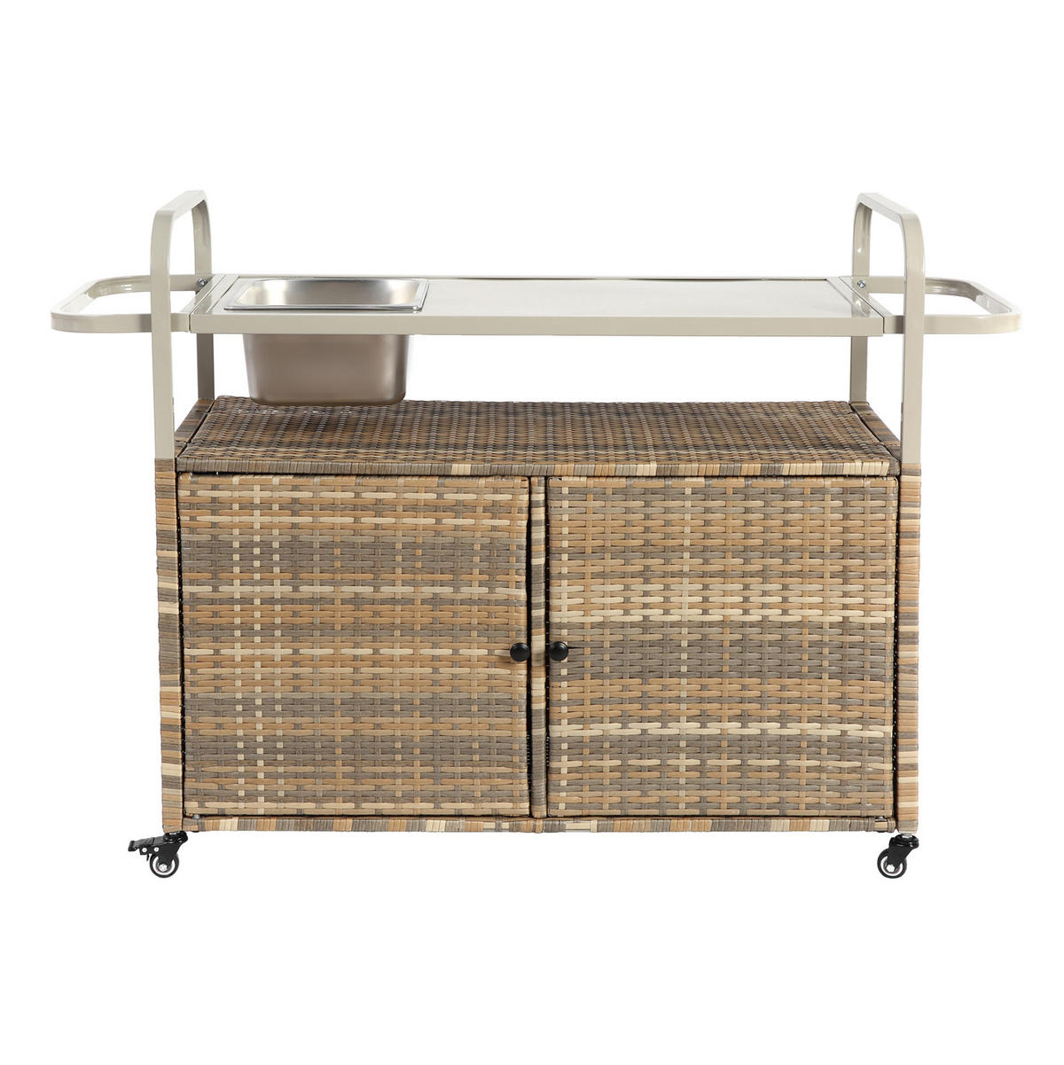 OUTDOOR-BARWAGEN 131 cm Beige Stahl & Rattan – Servierwagen mit Eisbehälter, Schrank & Lenkrollen - Beige, Metall (131/91/50cm) - Urban Meuble