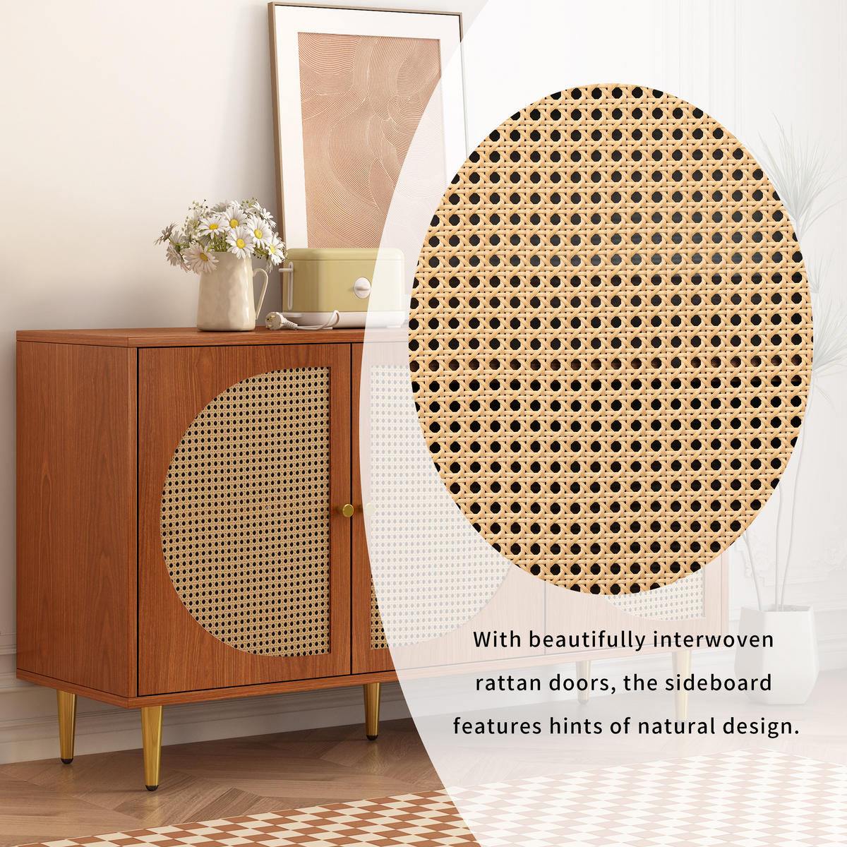 SIDEBOARD mit 3 Rattan-Türen und verstellbaren Einlegeböden, 129,8/40/76 cm, Walnussoptik - Walnussfarben, Holzwerkstoff (129.8/76/40cm) - Redom