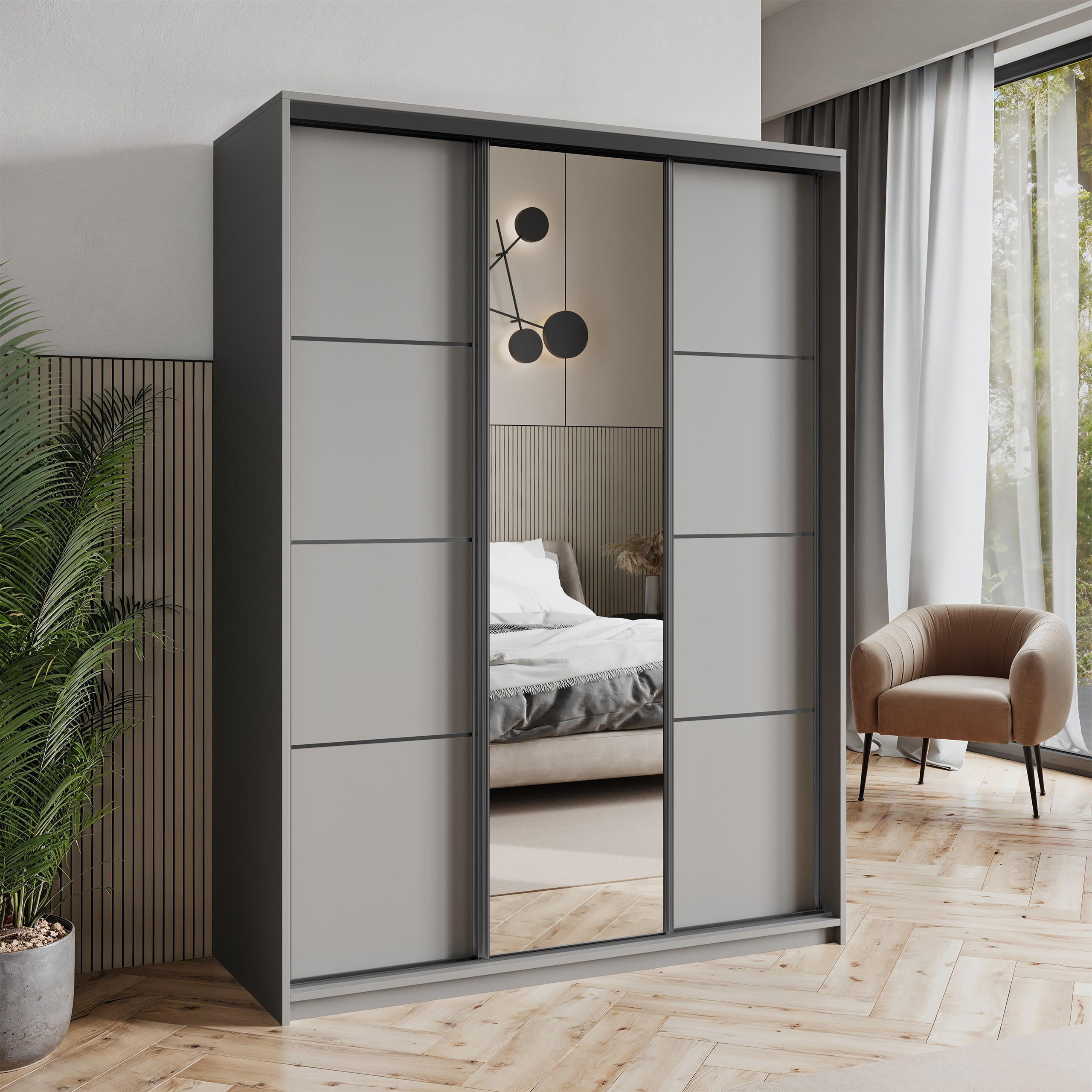 SCHWEBETÜRENSCHRANK VARO 150/205/60 cm 3-türig mit Spiegel Graphitfarben - Graphitfarben, Holzwerkstoff (150/205/60cm) - MASSENO