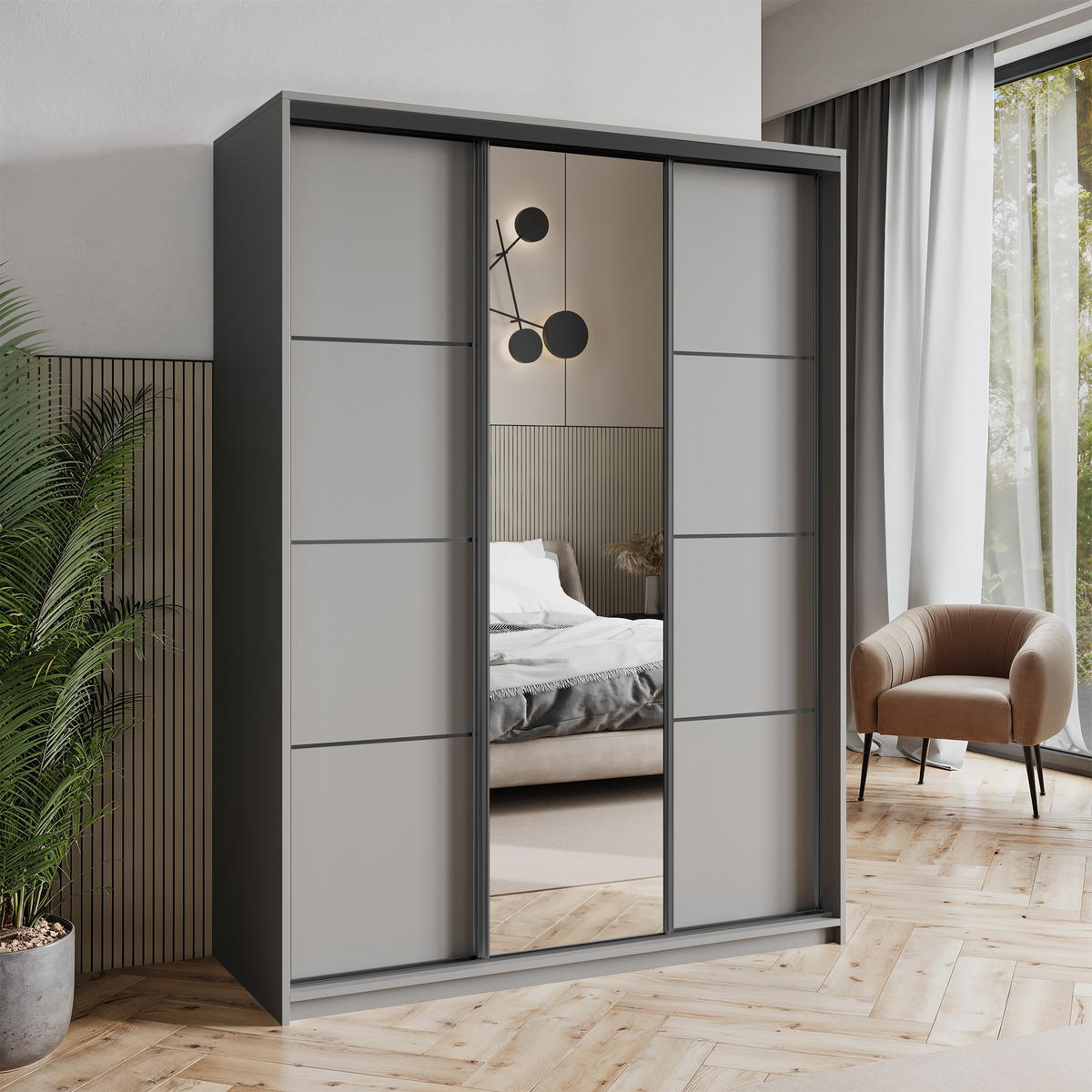 SCHWEBETÜRENSCHRANK VARO 150/205/60 cm 3-türig mit Spiegel Graphitfarben - Graphitfarben, Holzwerkstoff (150/205/60cm) - MASSENO