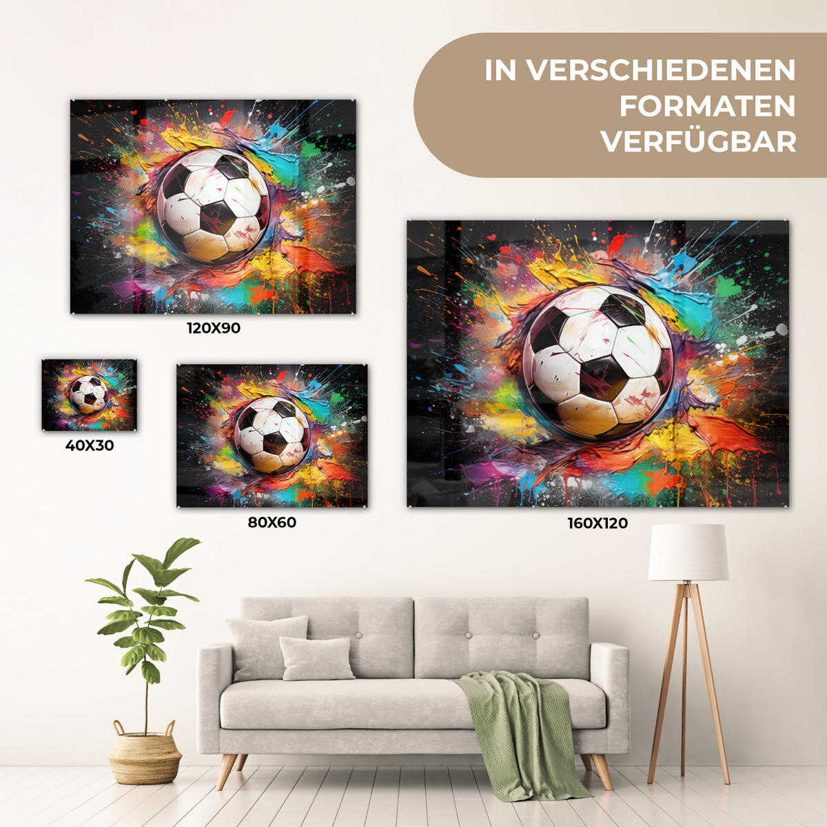 ACRYLGLASBILD Fußball - Farbe - Farben - Schwarz - Weiß 80x60 cm - Weiß, Glas (80/60cm) - MuchoWow