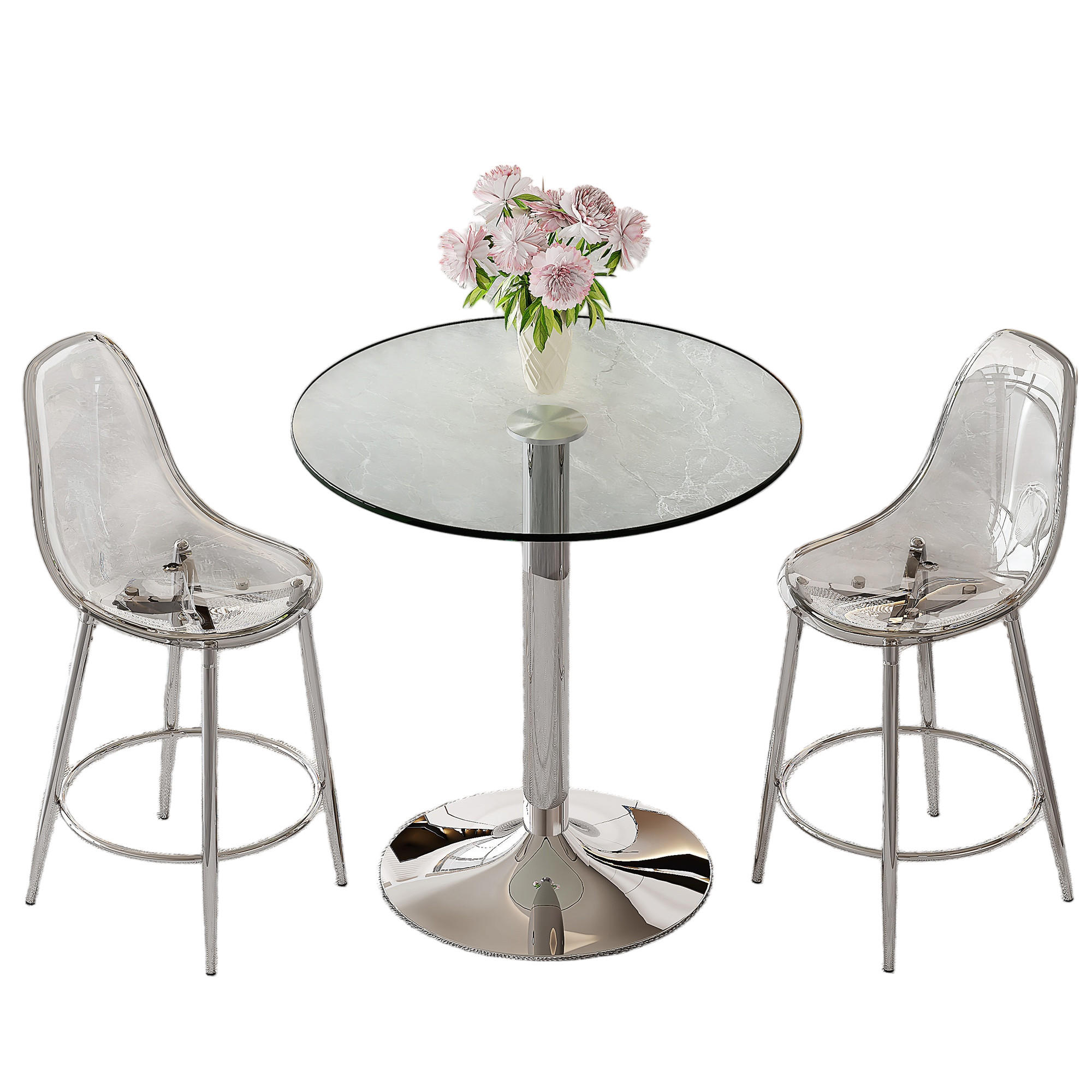 BARTISCH-SET DE-39404 3-teilig, Glastisch und 2 Hocker Silber - Silberfarben, Metall (89/92/89cm) - ComfortXL