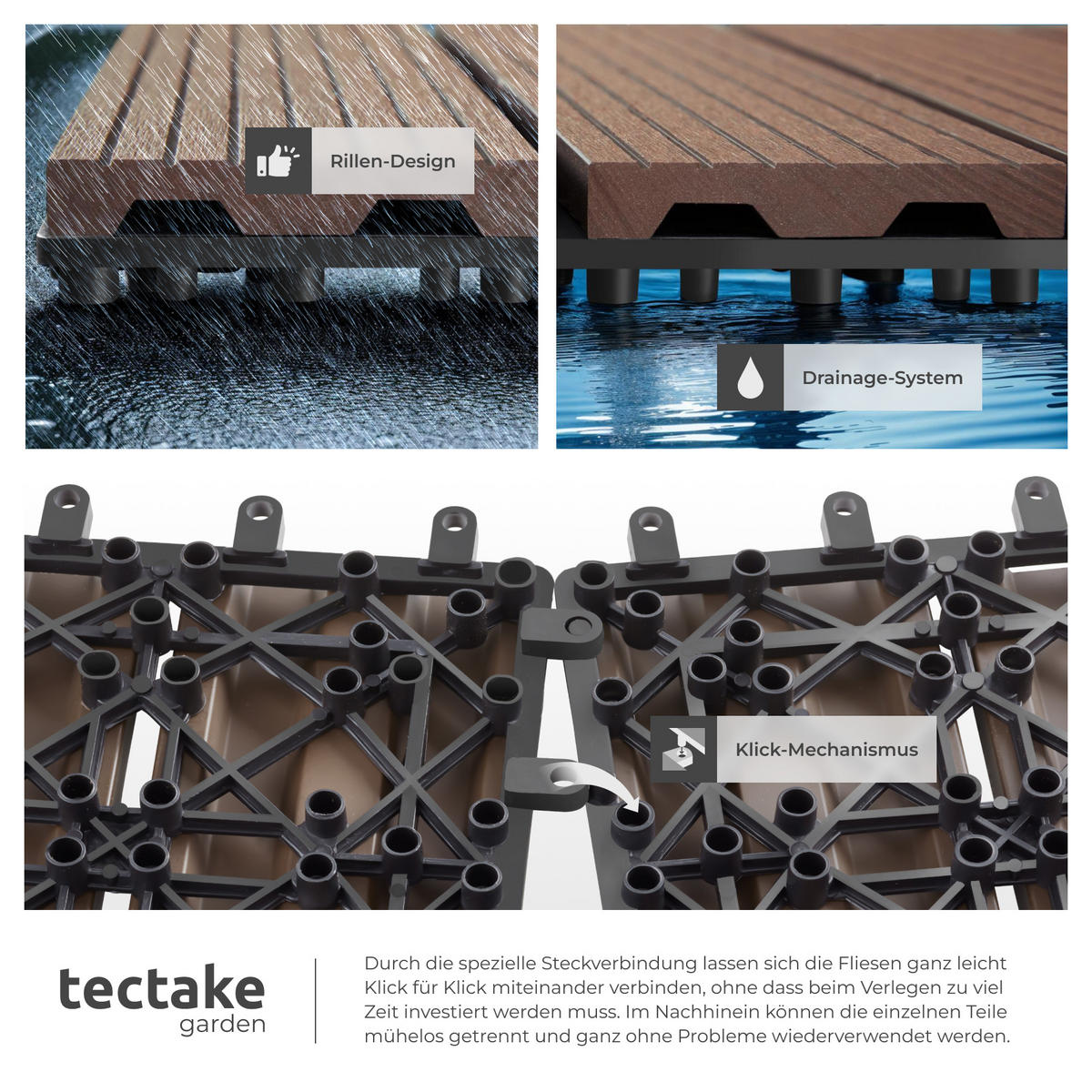 TERRASSENFLIESEN Tegulas,31 x 31 x 2,2 cm,braun - Braun, Kunststoff (31/31/2.2cm) - tectake