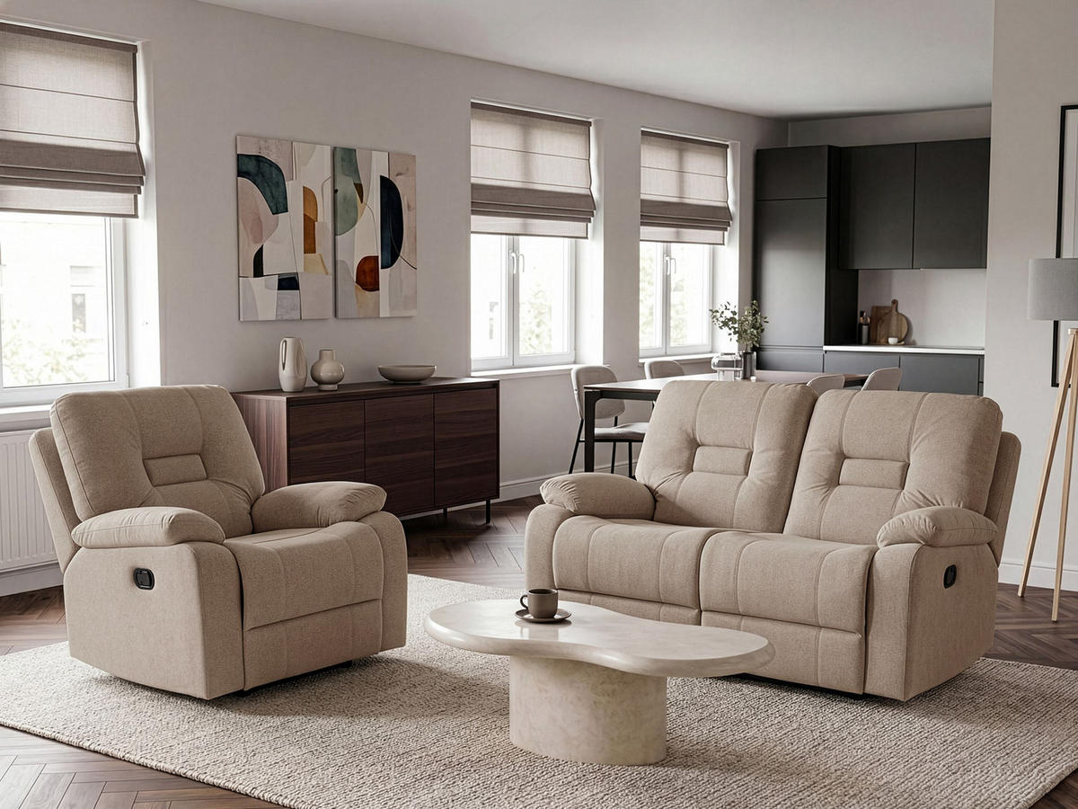 SOFA-SET manuell verstellbar 3-Sitzer Stoff Taupe Bergen - Taupe, Textil (204/101/73cm) - Beliani