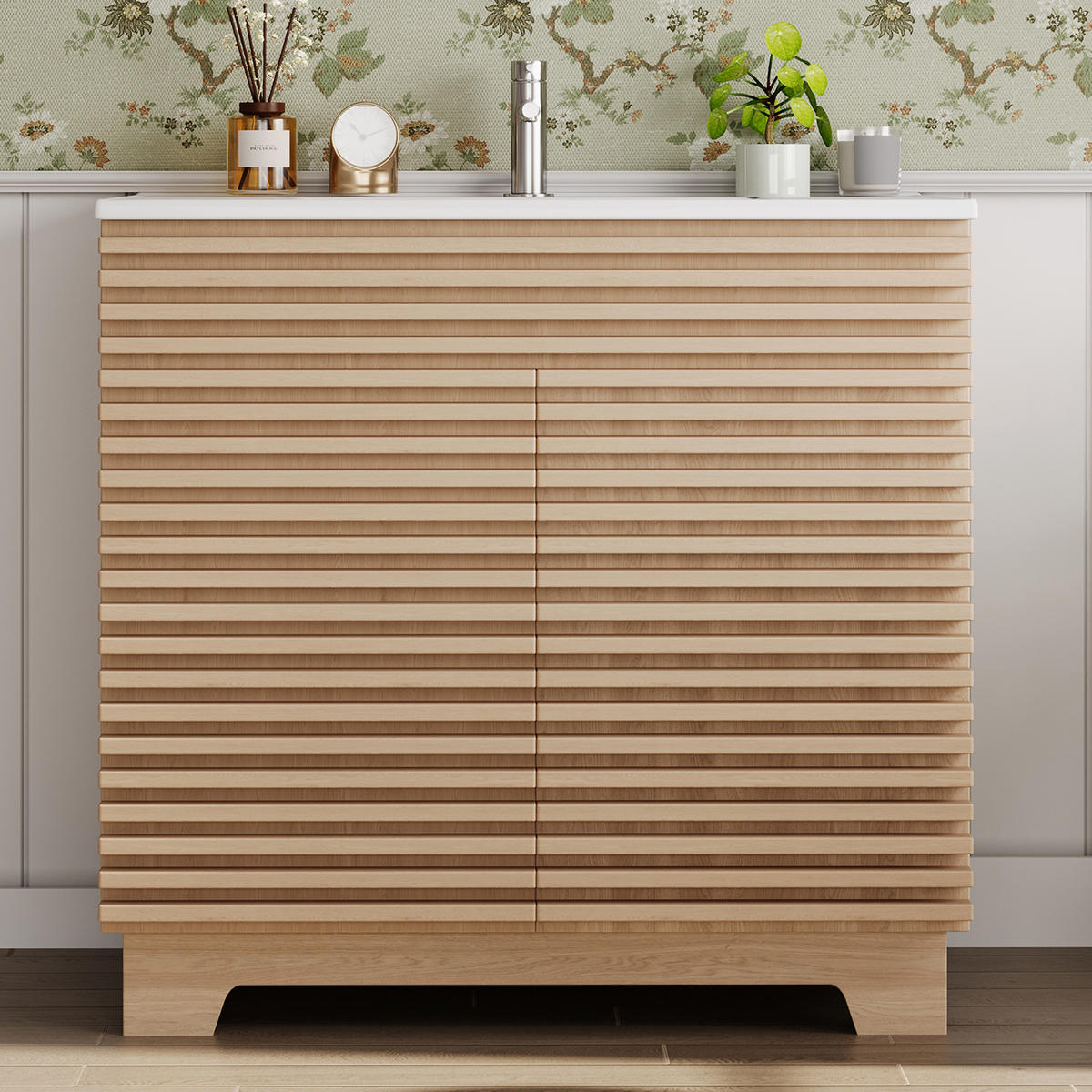 WASCHTISCHKOMBI 91/46/80 cm Natürlich mit 2 Schranktüren, ohne Wasserhahn - Naturfarben, Holz/Holzwerkstoff (46/80/91cm) - Oxeza