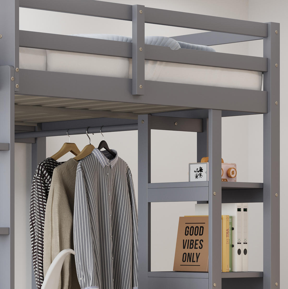 HOCHBETT 140/200 cm Grau aus Massivholz mit Schreibtisch und Regal - Grau, Holz (140/200cm) - OKMYHOME