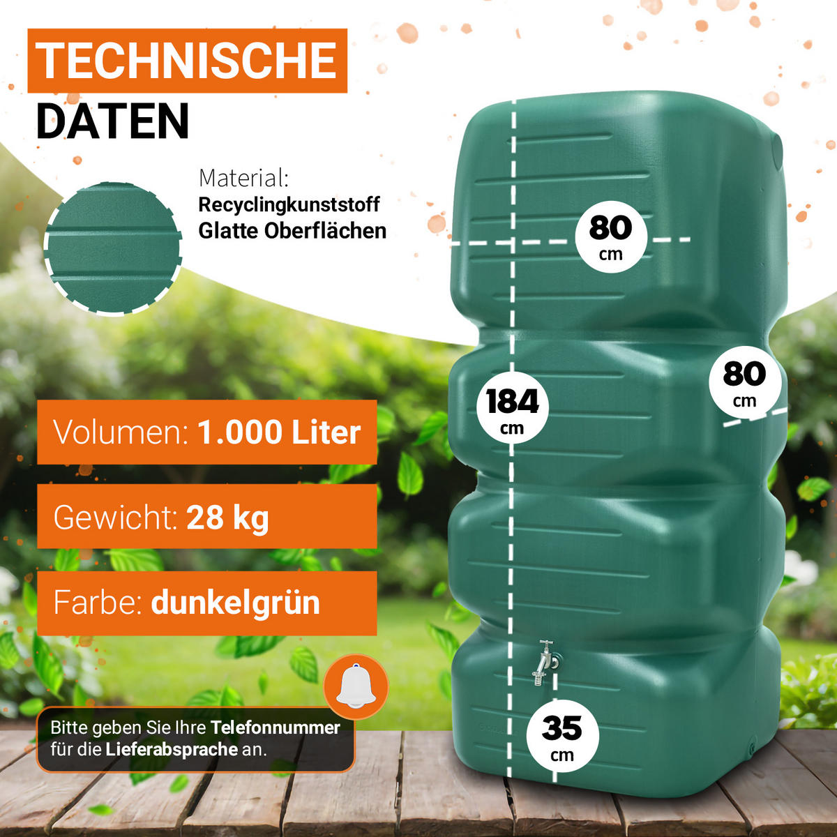 REGENTONNE 1000 L, dunkelgrün - Grün, Kunststoff (80/184/80cm) - GARANTIA