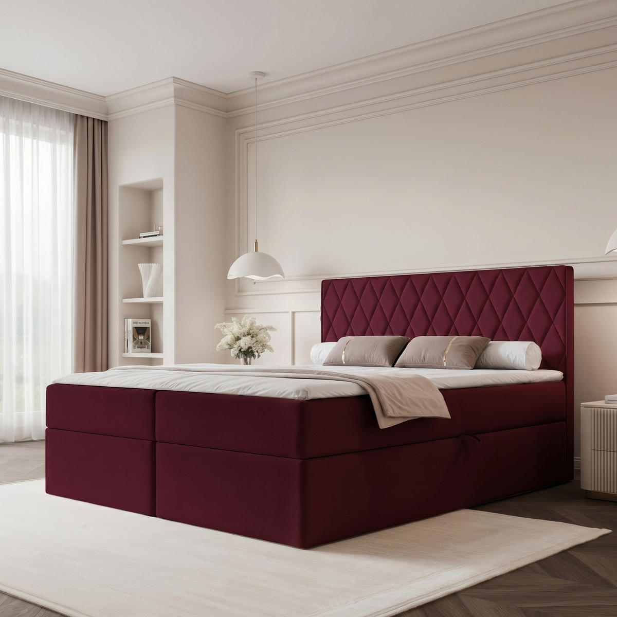 BOXBETT PONTI 160x200 cm Bordeaux (Samt) - mit 2 Bettkästen, Bonellmatratze und vertikaler Rautensteppung - Bordeaux, Holzwerkstoff/Textil (160/200cm) - Ravio