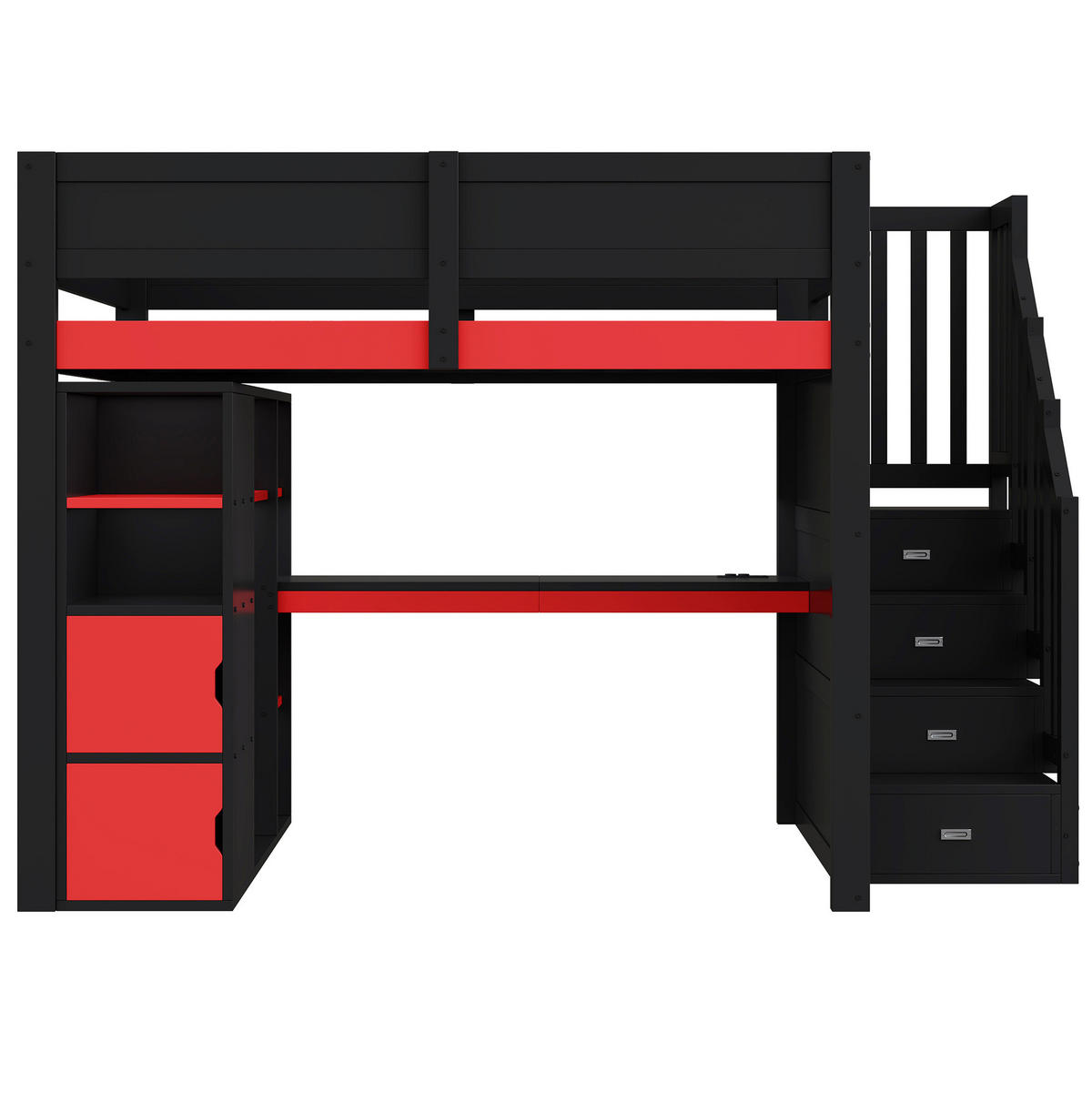 HOCHBETT aus MDF und Sperrholz 140x200 cm Schwarz/Rot mit Schreibtisch, LED-Beleuchtung und Treppe mit Stauraum - Schwarz, Holzwerkstoff (140/200cm) - Modfu