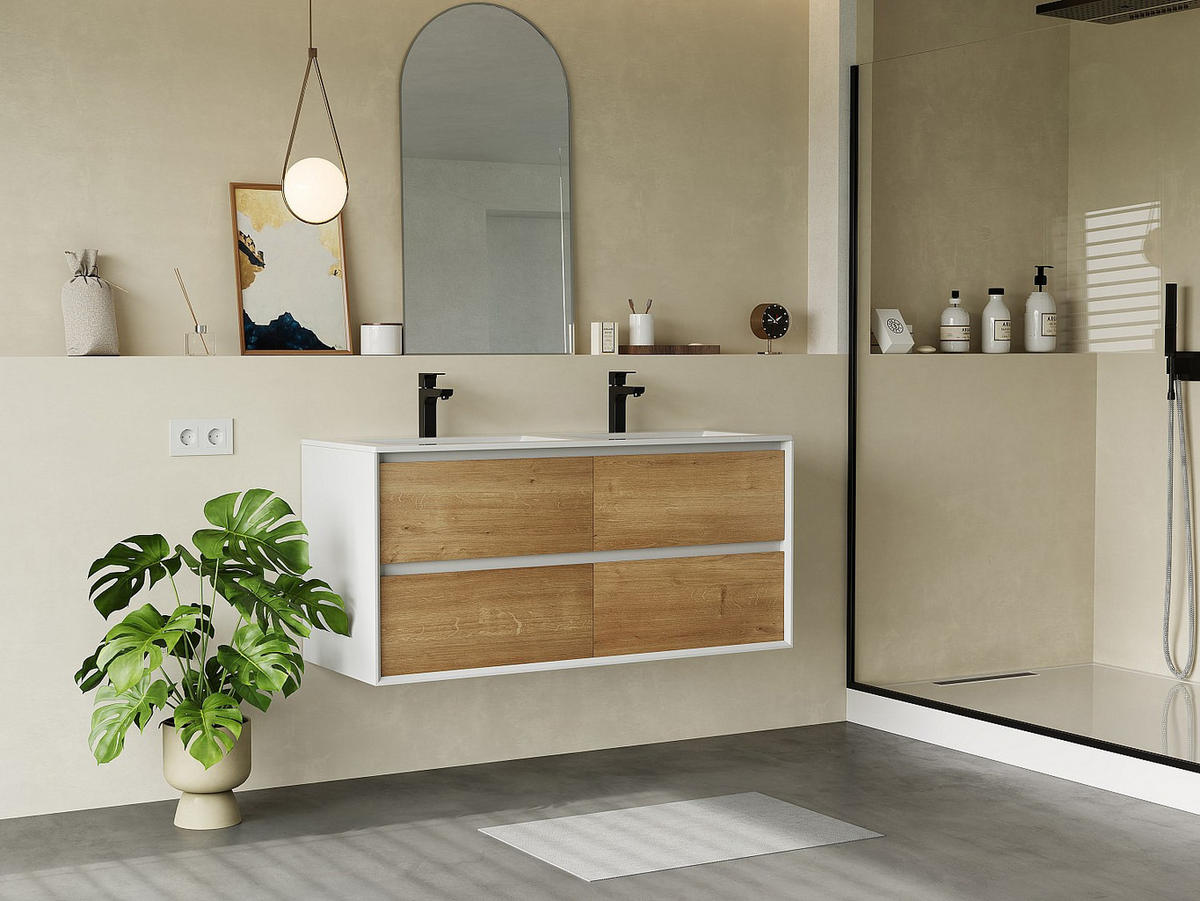 DOPPELWASCHTISCH - 120 cm x 45.6 cm - Keramik, Holz, Platte - Naturfarben Hell, Weiß - LANNICK - Naturfarben/Weiß, Keramik/Holz (120/55/45.6cm) - Vente-Unique