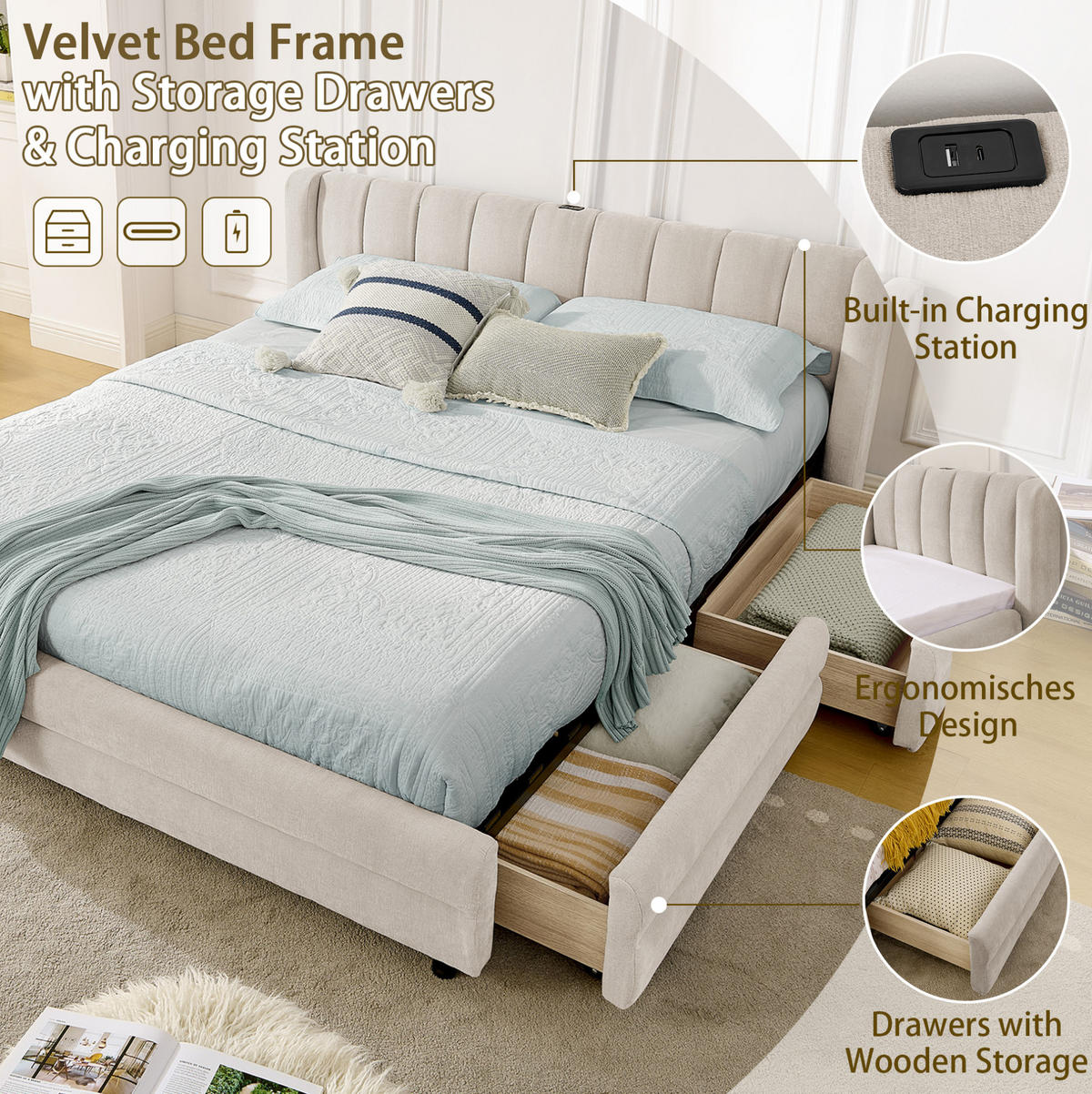 POLSTERBETT 140/200 cm in Beige mit 4 Schubladen und USB- und Type-C-Anschlüssen - Beige, Textil (140/200cm) - Flora Grace