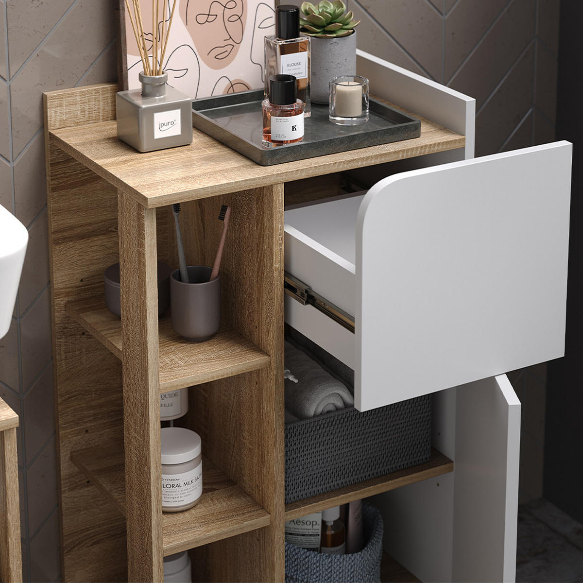 BADMÖBEL-SET Karen Sonoma/Weiß 3 Teile, mit Midischrank - Weiß/Sonoma Eiche, Holzwerkstoff (60/65/35cm) - Vicco