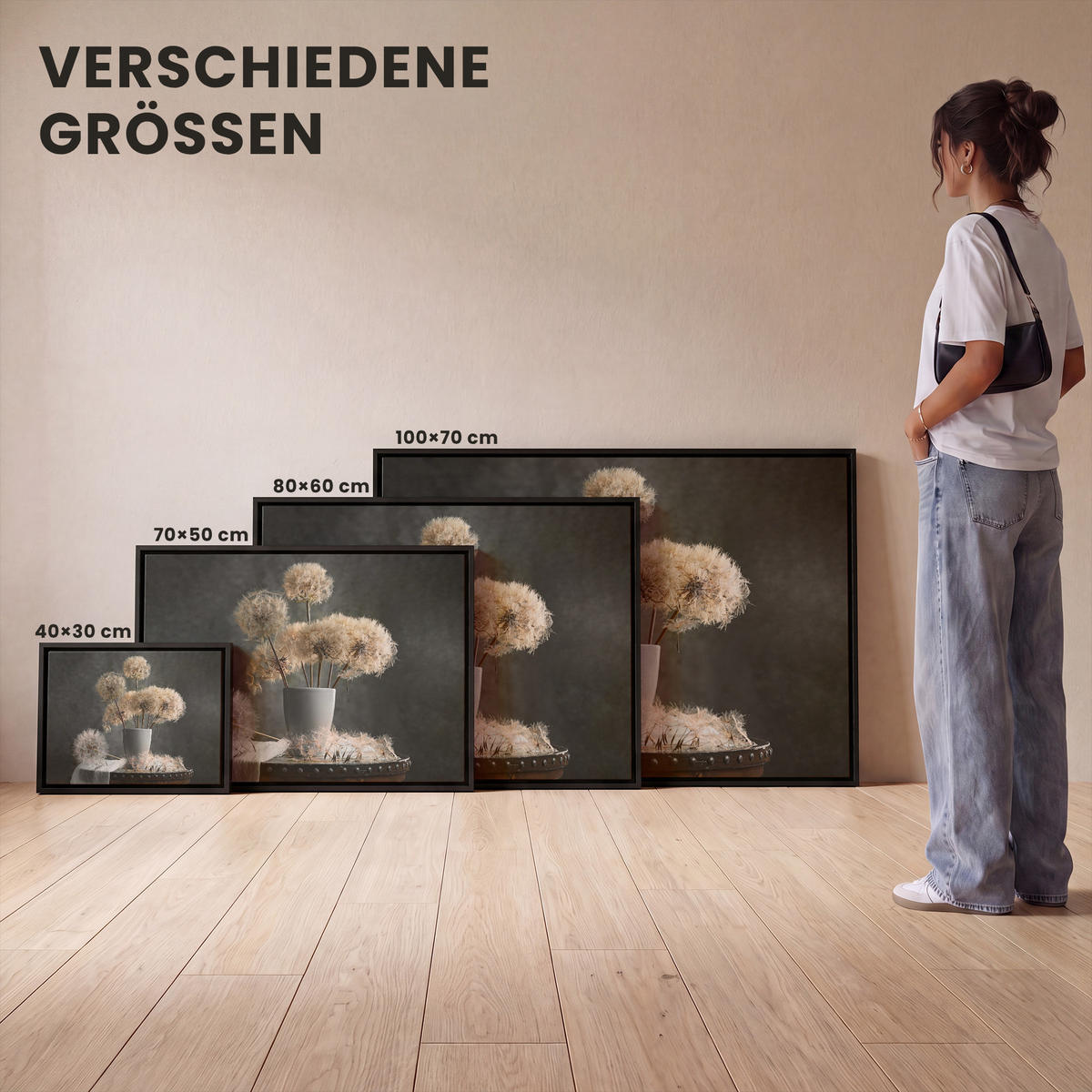 LEINWAND Bilder mit Rahmen - Blumensamen - Löwenzahn - Vase - Stilleben - Blumenstrauß - 80x60 - Dunkelgrau, Textil (80/60cm) - MuchoWow