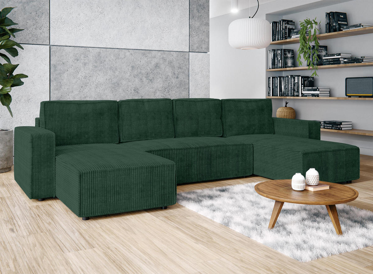 WOHNLANDSCHAFT Aydin U Form Grün 338/169/85 cm Cord mit Schlaffunktion - Dunkelgrün/Schwarz, Kunststoff/Textil (338/85/169cm) - AX Living