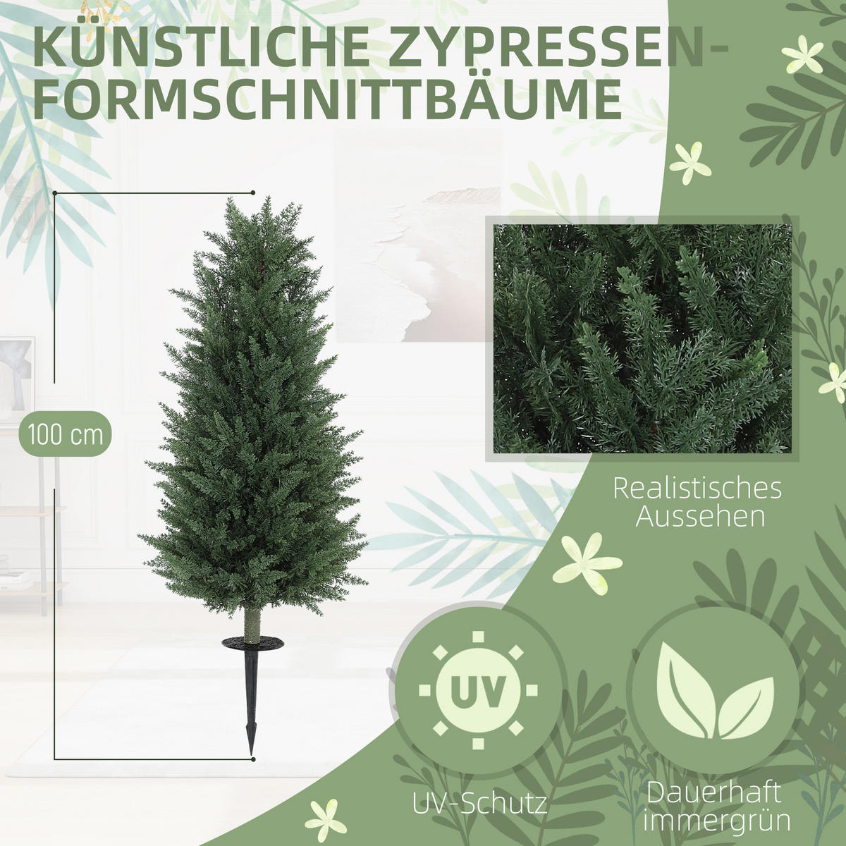 KÜNSTLICHE-ZYPRESSE 2er-Set, künstliche Pflanzen, Grün - Grün, Kunststoff (100cm) - HOMCOM