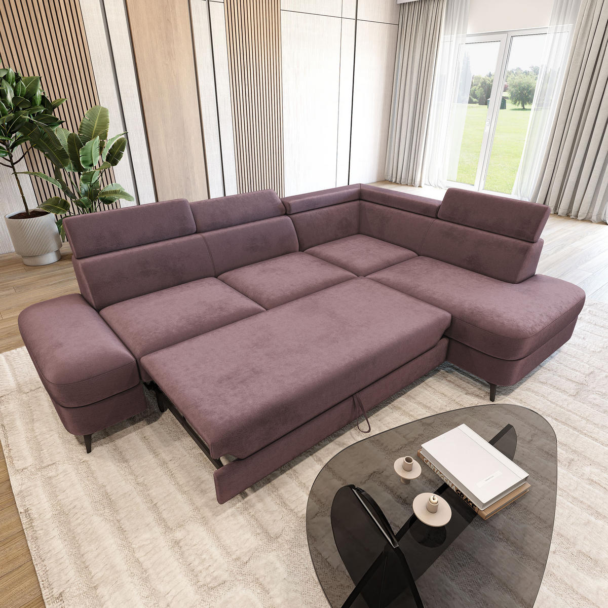 ECKSOFA AVISE M R-S Lila Velours-Stoff mit Schlaffunktion - Lila, Holzwerkstoff/Textil (268/195cm) - MASSENO