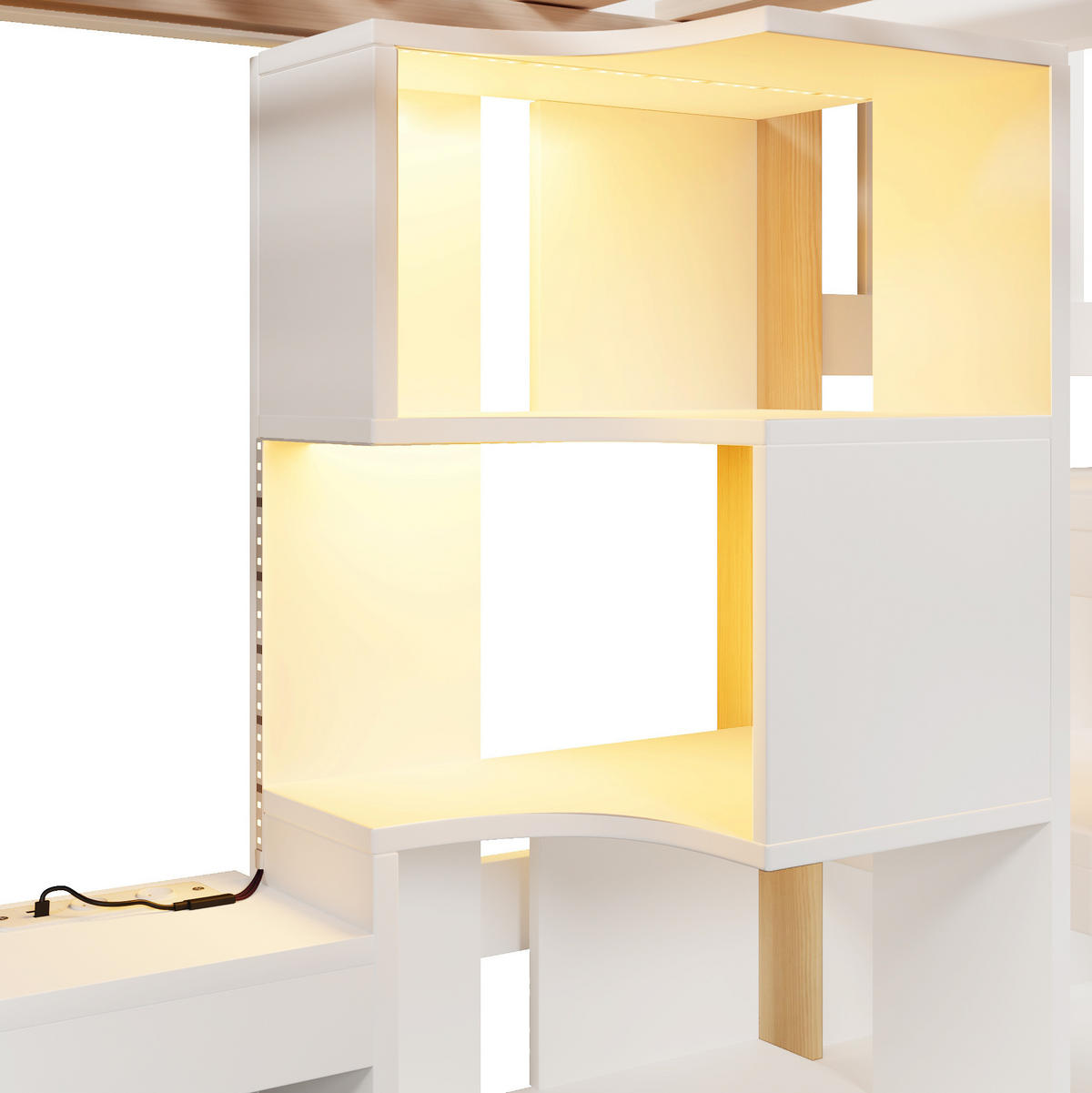 HOCHBETT aus Kiefernholz und MDF 90x200 cm Weiß/Natur mit LED-Beleuchtung, Schreibtisch und Ablageleiter - Weiß, Holzwerkstoff (140/200cm) - Modfu