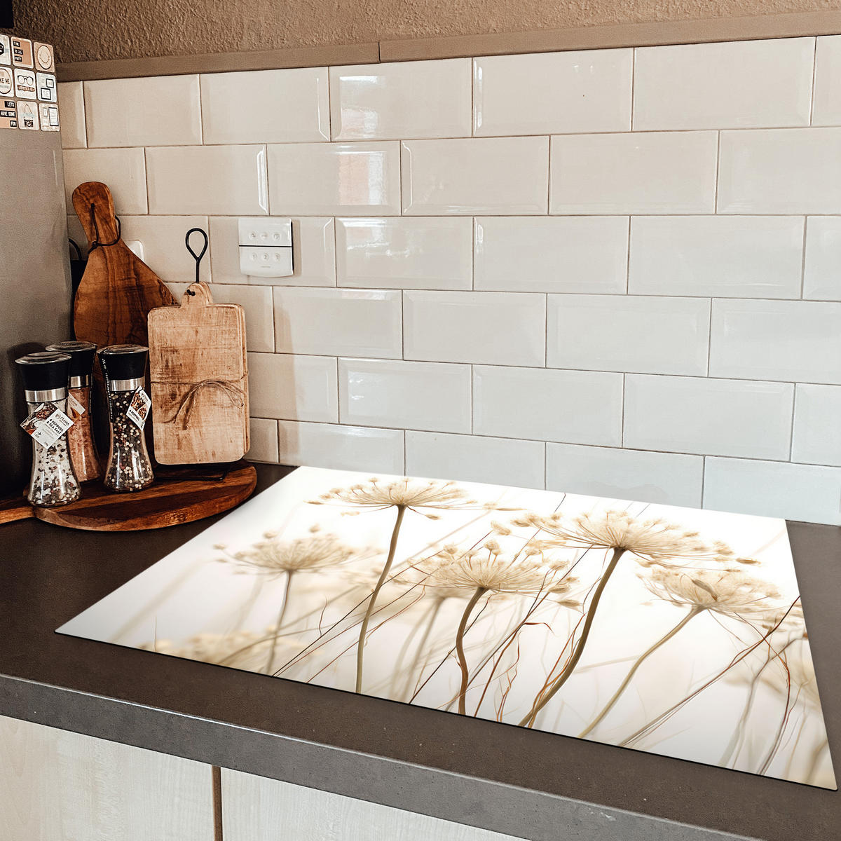 HERDABDECKPLATTE Blumen - Weiß - Sonnenlicht Herdabdeckung Induktionsfeld 75x52 cm - Ecru, Kunststoff (75/52/0.2cm) - MuchoWow