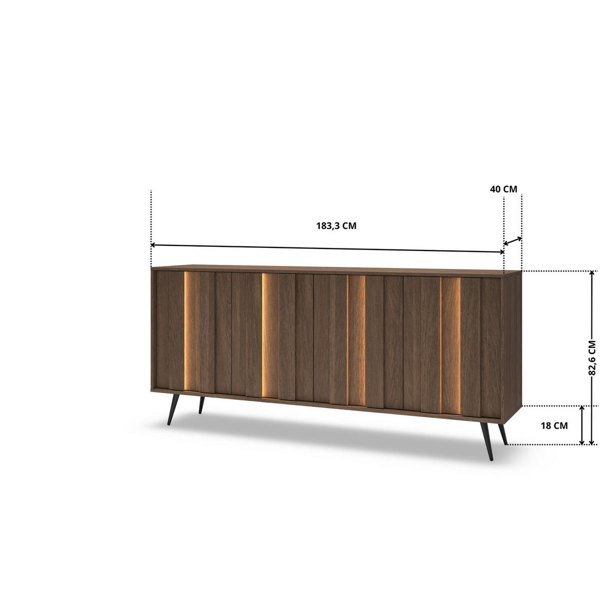 SIDEBOARD LUPO C 183 cm Eiche Dunin - mit 4 Türen, LED und Metallfüßen - Eichefarben/Schwarz, Holz/Holzwerkstoff (183/83/40cm) - Ravio