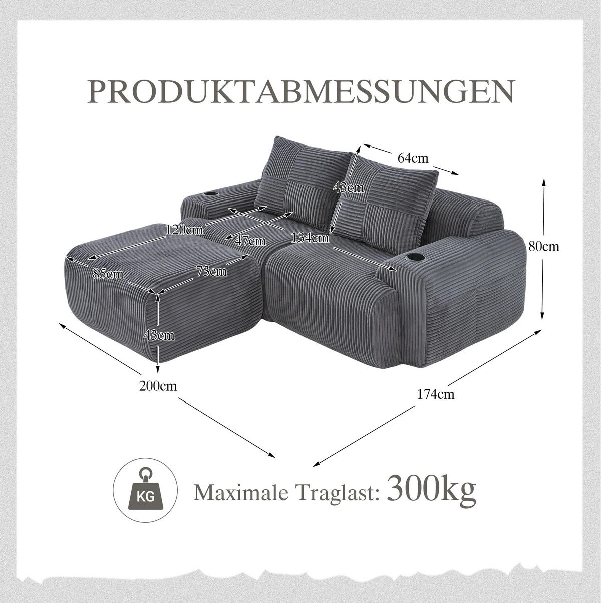 ECKSOFA 200/174/80 cm dunkelgrau aus Cord mit Cupholder und Seitentasche - Dunkelgrau, Textil (174/200cm) - OKWISH