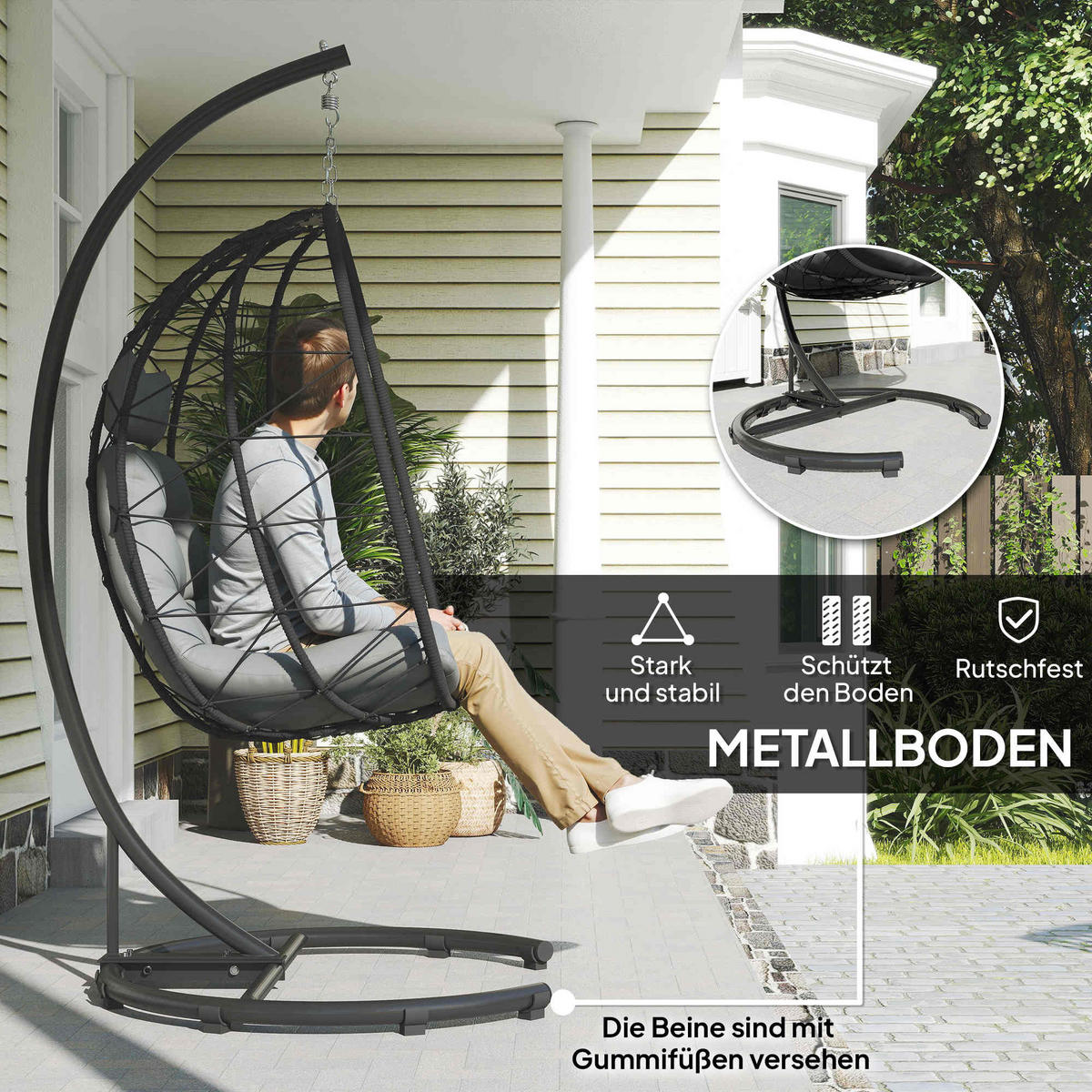 RATTAN-STUHL Schwarz 102.0/102.0/195.0cm - Schwarz, Metall (102/195/102cm)