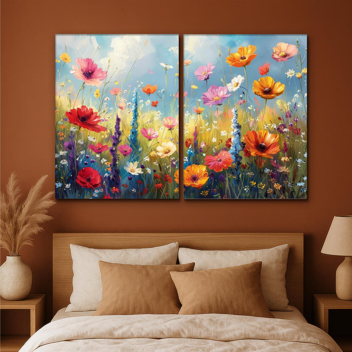 LEINWANDBILD 2er Set Blumen - Frühling - Farbenfroh - Sommerlich 180x120 cm - Orange, Textil (180/120cm) - MuchoWow