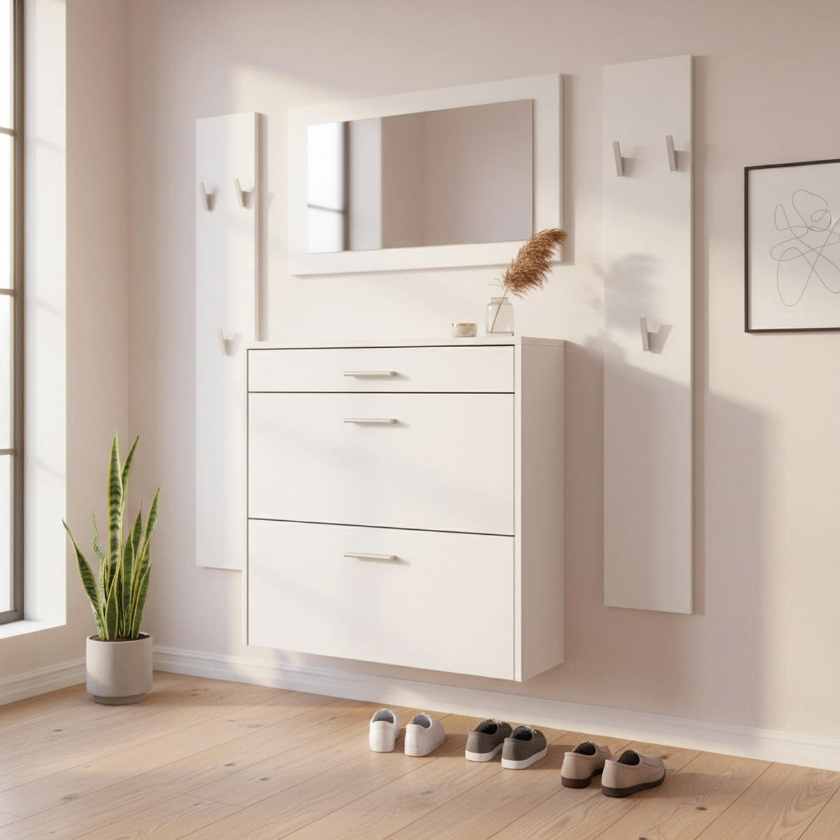 GARDEROBEN-SET Roma Air 4-teilig, Moderne Flurgarderoben Set mit Schuschrank, 2 Wandpaneele und Wandspiegel, Weiß matt - Weiß, Holzwerkstoff (190/200/23cm) - InnoFurn