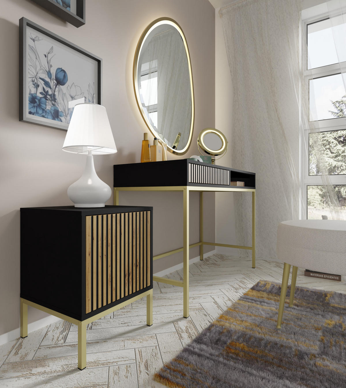 SCHMINKTISCH Schwarz, Artisan-Schwarz, Gold 112/78/50 - Schwarz, Holzwerkstoff (112/78/50cm) - RAUMHIRSCH FURNITURE