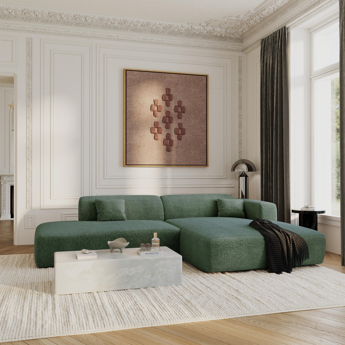 ECKSOFA RECHTS Gemusterter Samt Smaragdgrün 310cm - Smaragdgrün, Textil (300/96cm) - Sia Home