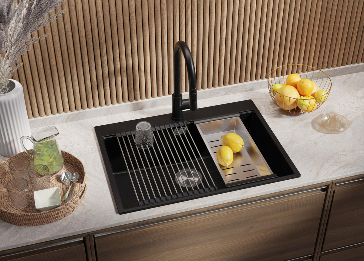 GRANITSPÜLE Oslo, 2-er set Schwarz 68/50 cm 1 Becken + Küchenarmatur 40/38 cm + Ablauf-Set + Schneidebrett ab 70er Unterschrank - Chromfarben/Beige, Kunststoff (68/20/50cm) - Primagran