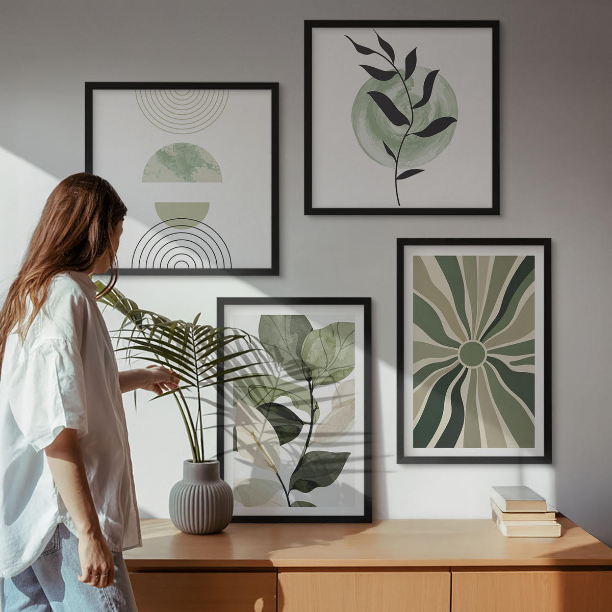 BILDER SET 4er Set - 50x50 cm & 40x60 cm Schwarzer Rahmen - Geometrische Pflanzenformen - Schwarz, Kunststoff (50/50cm) - TULUP