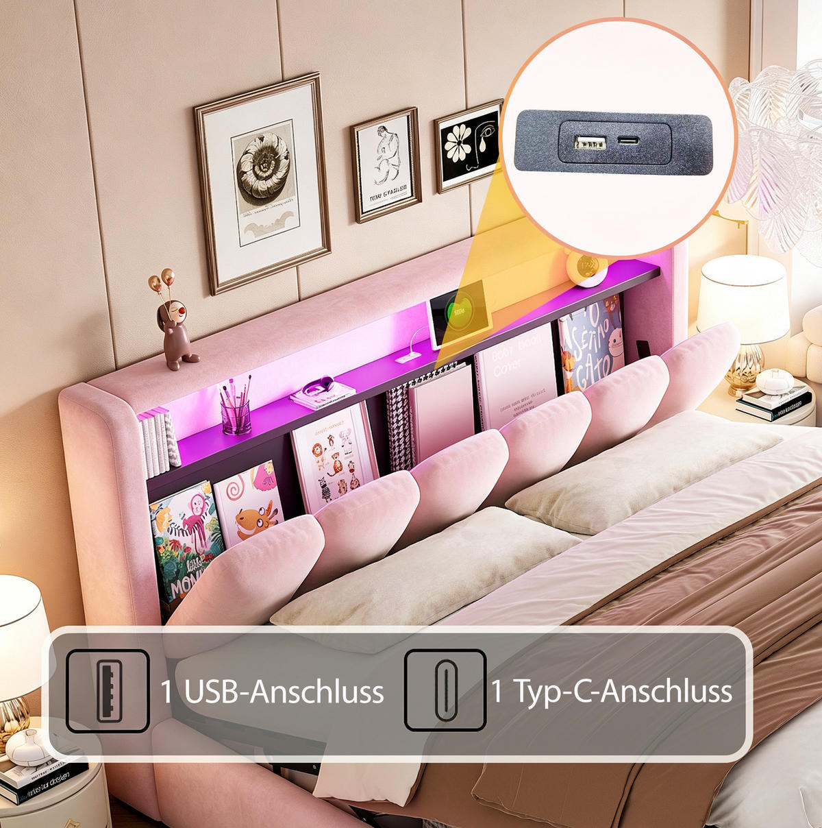 POLSTERBETT aus Samtstoff 180x200 cm Pink mit Bettkasten, Kopfteil-Stauraum, LED und USB-Anschlüssen - Pink, Textil (180/200cm) - Modfu