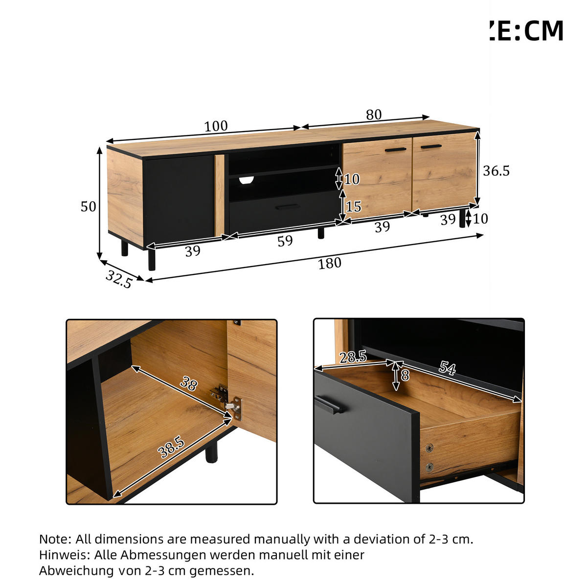 TV-LOWBOARD 180/32,5/50 cm mit 3 Türen und Schublade in Holzoptik/Schwarz - Schwarz, Holzwerkstoff (180/50/32.5cm) - BEAOK