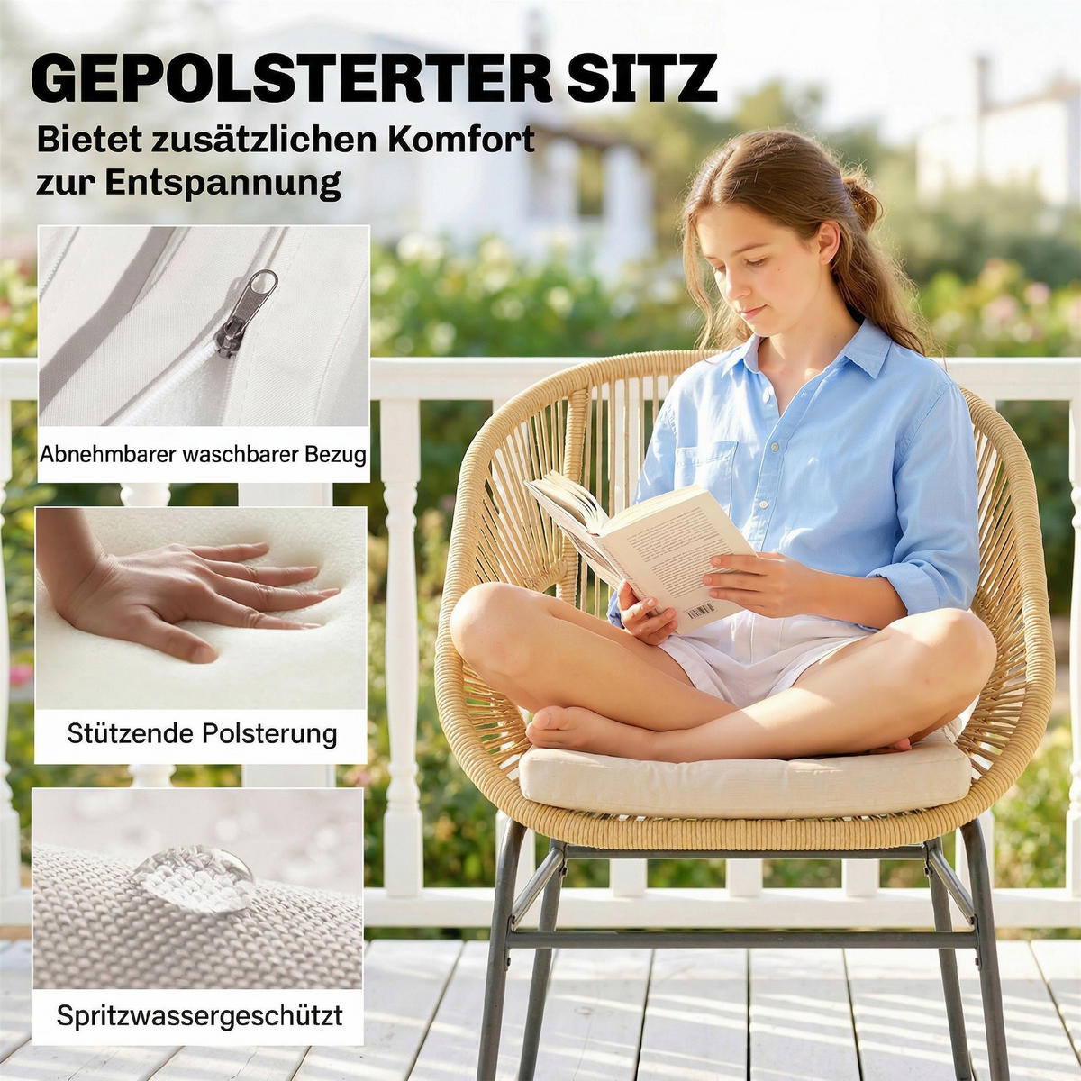 BISTROSET 3-teilig aus Stahl PE-Rattan Beige - Beige/Schwarz, Textil/Metall - Outsunny