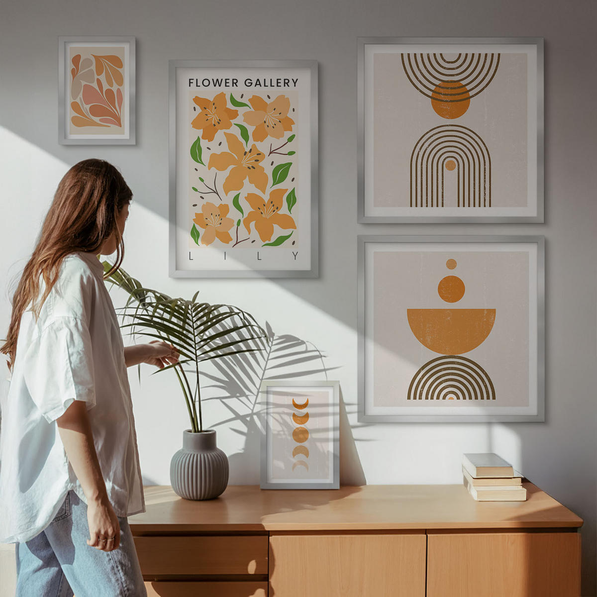 BILDER SET 5er Set - 50x50 cm & 20x30 cm & 40x60 cm Silberner Rahmen - Abstrakte orange Formen - Silberfarben, Kunststoff (40/60cm) - TULUP