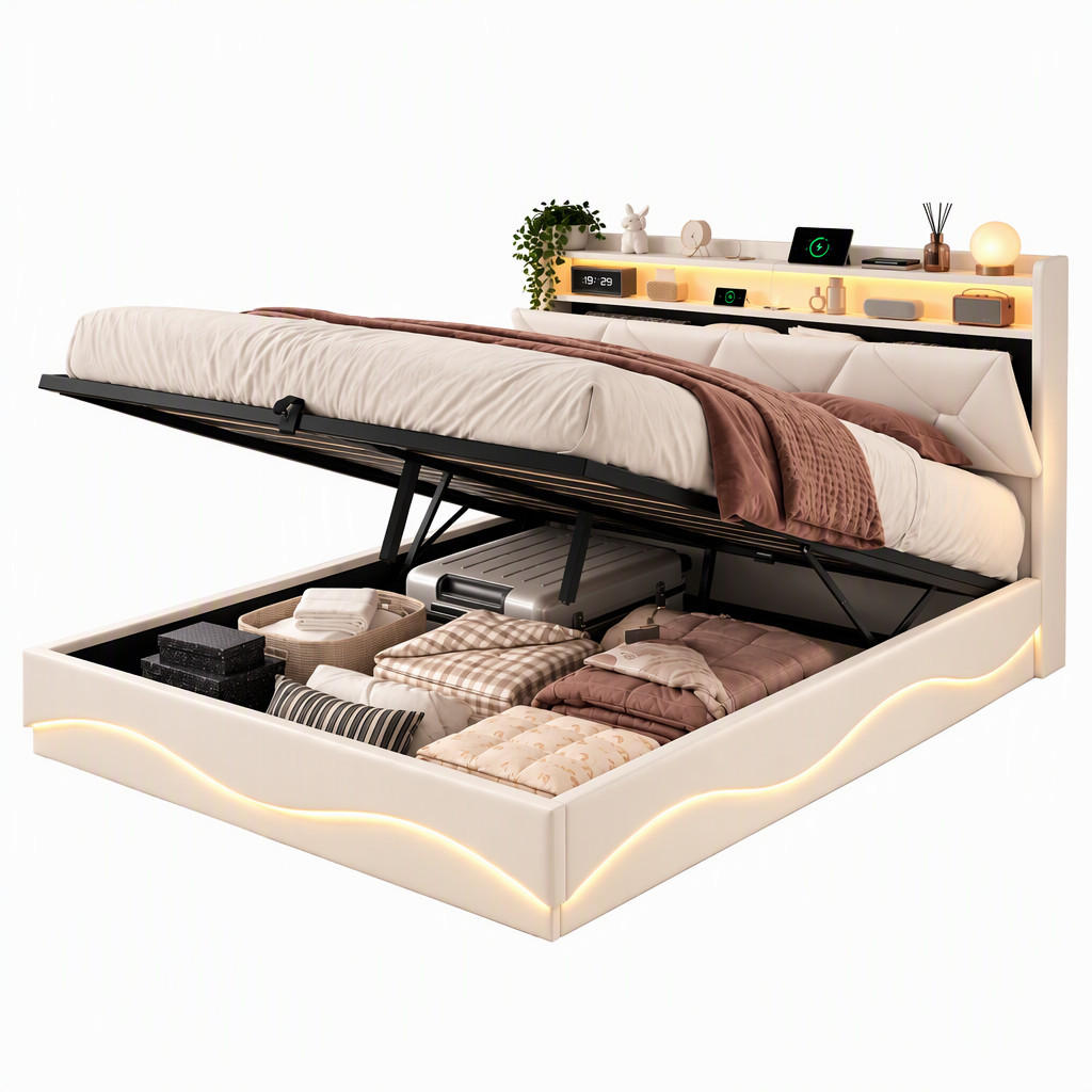 POLSTERBETT 140/200 cm,Doppelbett Beige mit Stauraum,LED RGB,Ladefunktion，Samt - Beige/Naturfarben, Holz/Textil (140/200cm) - FURNISHINGS HOME