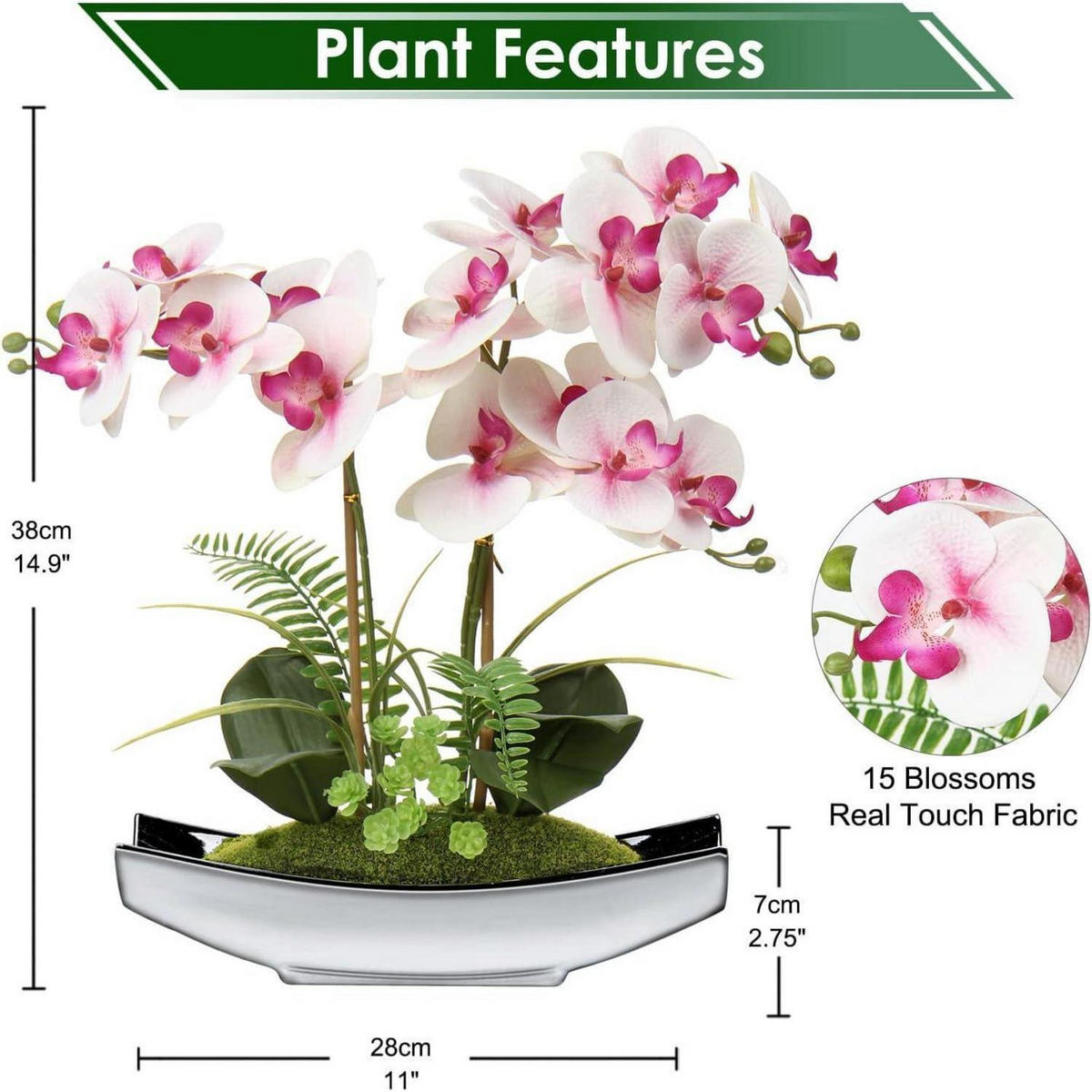 KUNSTBLUMEN Orchidee Phalaenopsis Bonsai 38 cm Rosa Silbertopf - Rosa, Kunststoff (38cm)
