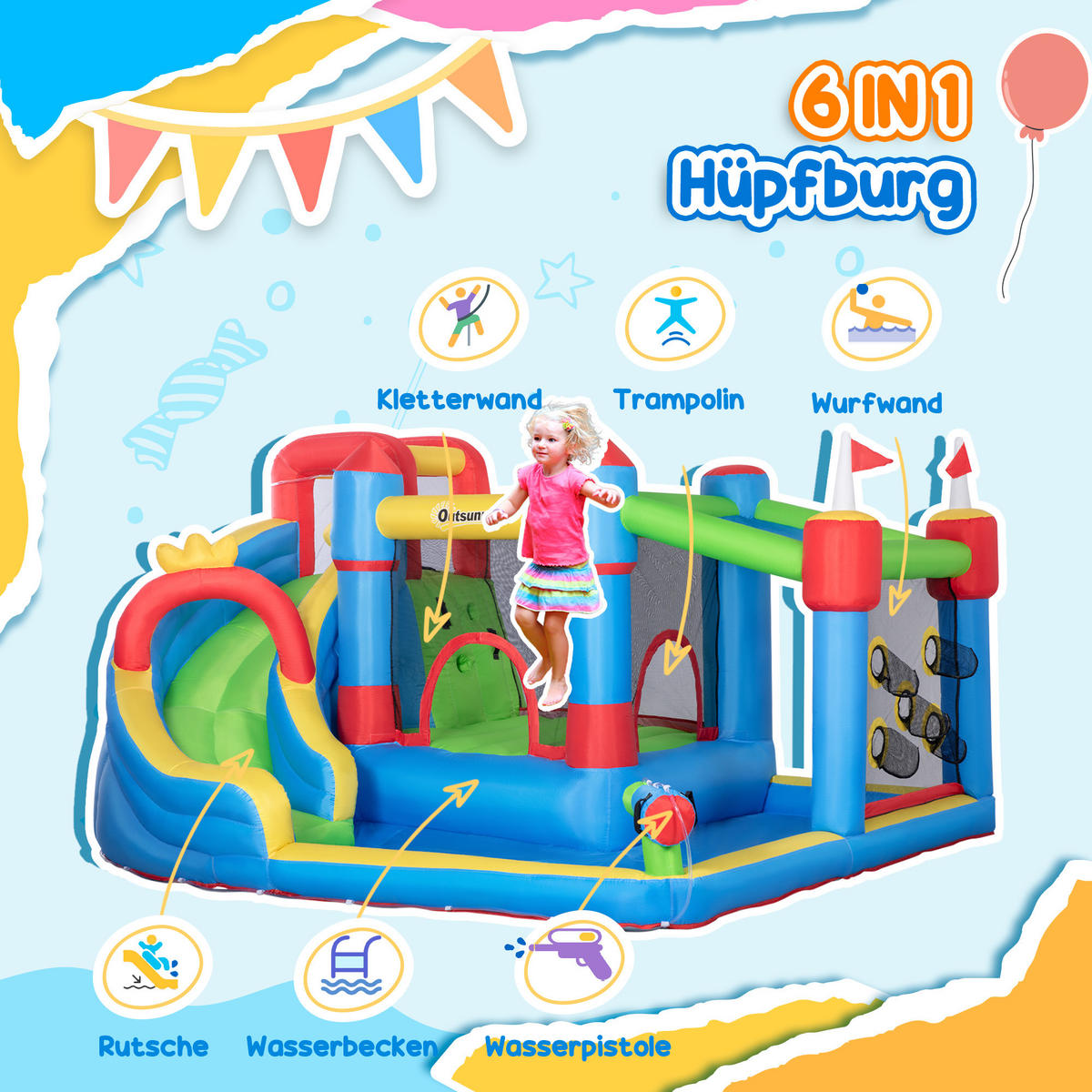 HÜPFBURG, Oxfordstoff, Bunt - Blau, Kunststoff (390/300/197cm) - Outsunny