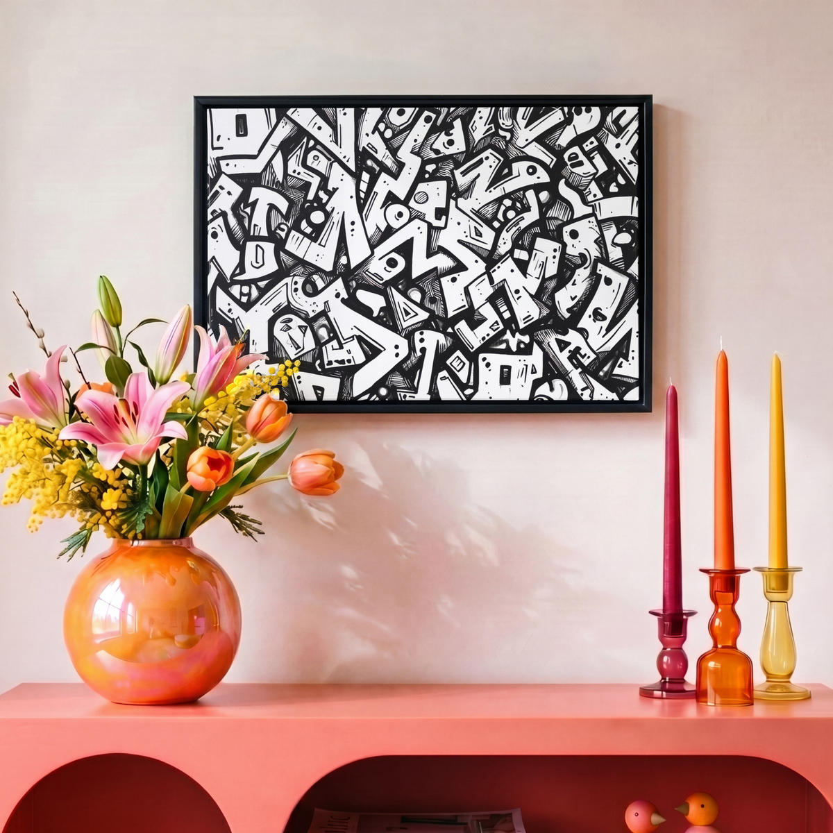 LEINWAND Bilder mit Rahmen - Formen - Buchstaben - Graffiti - Schwarz - 30x20 - Schwarz, Textil (30/20cm) - MuchoWow