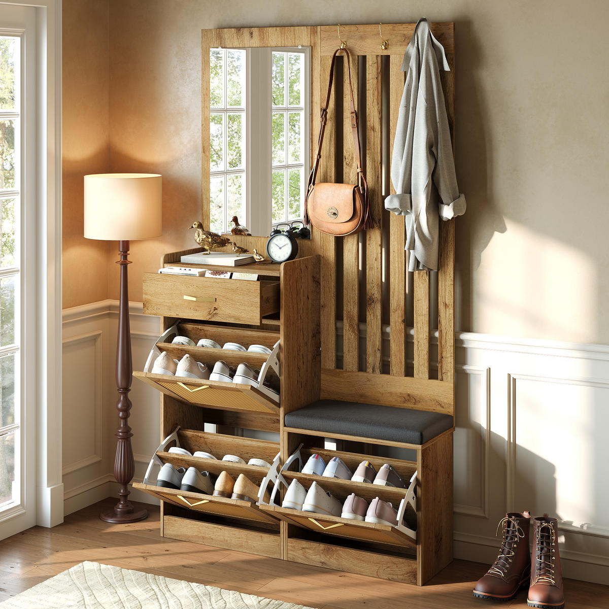 GARDEROBE Set mit Spiegel Sitzbank Schuhschrank Haken - Naturfarben, Holzwerkstoff (99.5/180/26cm) - FLIEKS