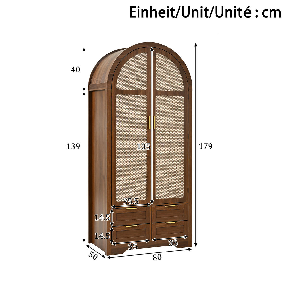 KLEIDERSCHRANK Gebogene Türen Stauraum Schubladen Schlafzimmer - Walnussfarben, Holzwerkstoff (50/179/80cm) - FLIEKS