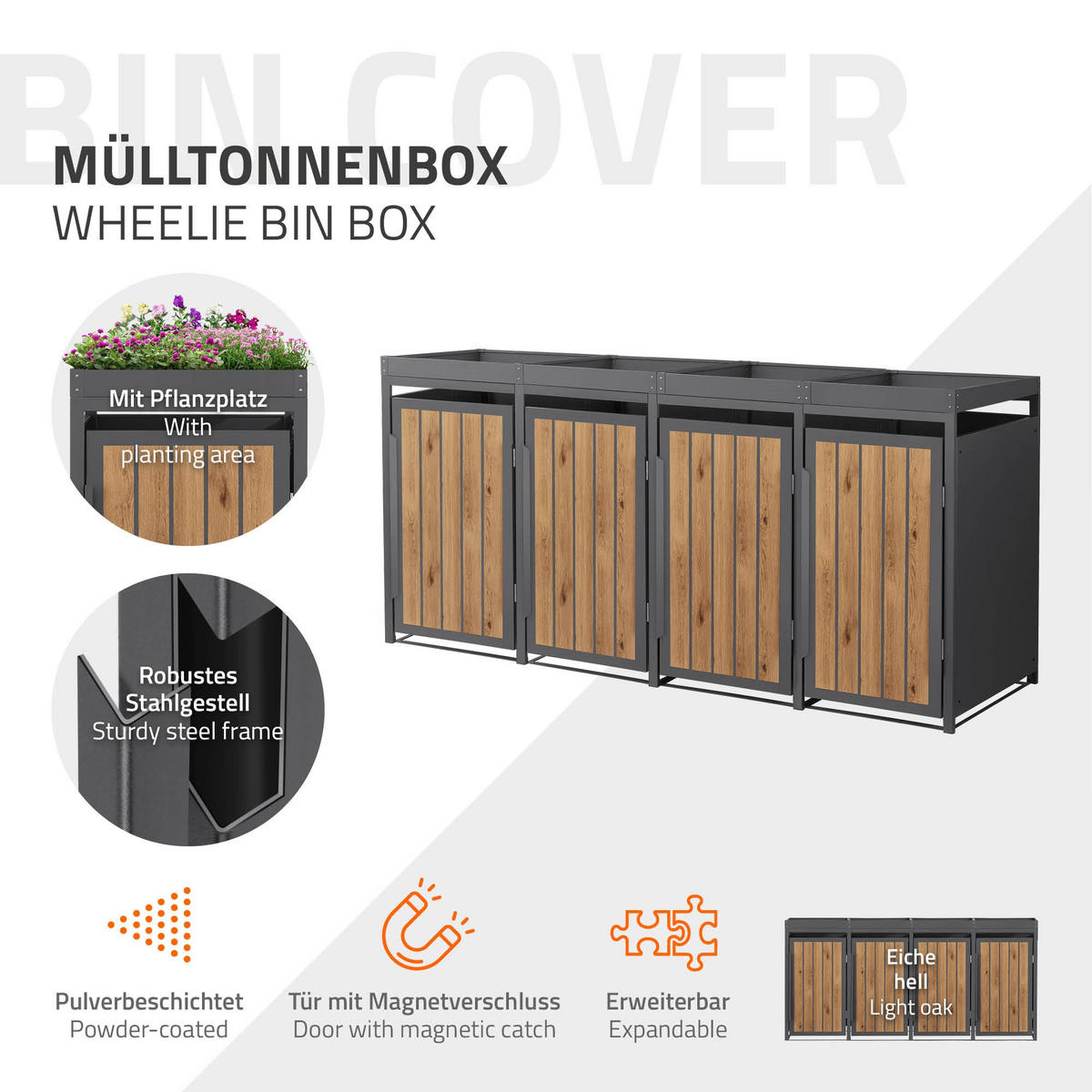 MÜLLTONNENBOX 4er mit Pflanzdach 240L Anthrazit-Holzoptik aus Stahl - Hellbraun, Metall (80/124/260cm) - ML-DESIGN