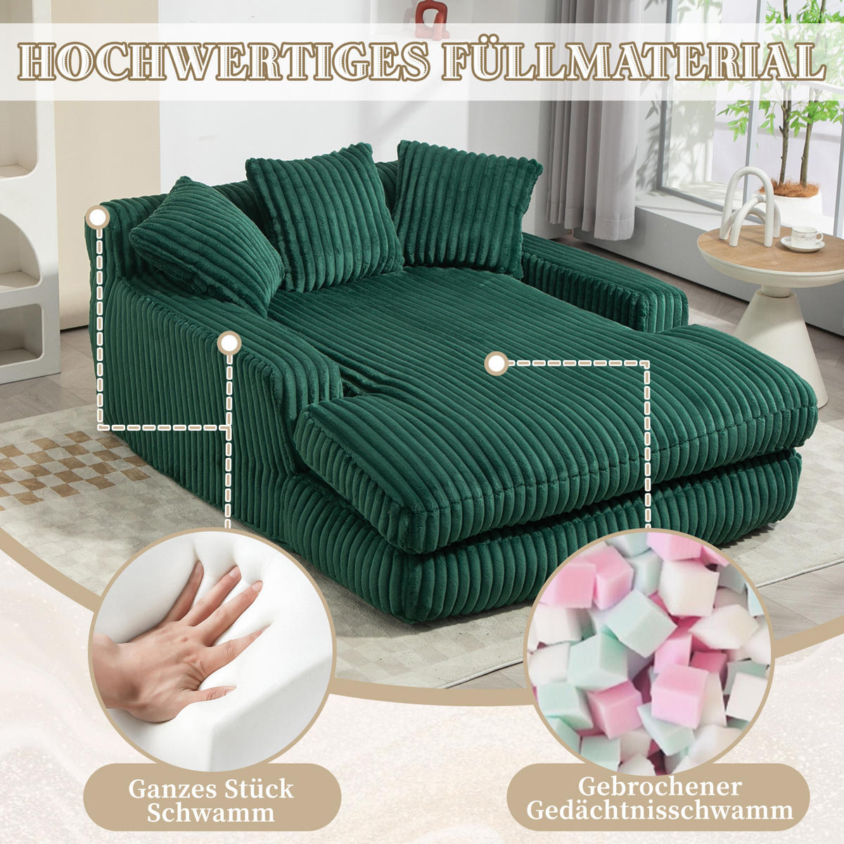 BIGSOFA Chaiselongue Cord mit 3 Kissen bodennah und ergonomisch 125/155/63 cm Smaragdgrün - Smaragdgrün, Textil (63/125/155cm) - Redom
