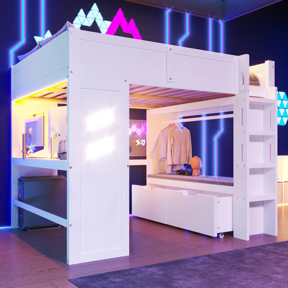 HOCHBETT 140/200 cm mit Schreibtisch und LED-Beleuchtung in Weiß - Weiß, Holz (140/200cm) - OKWISH